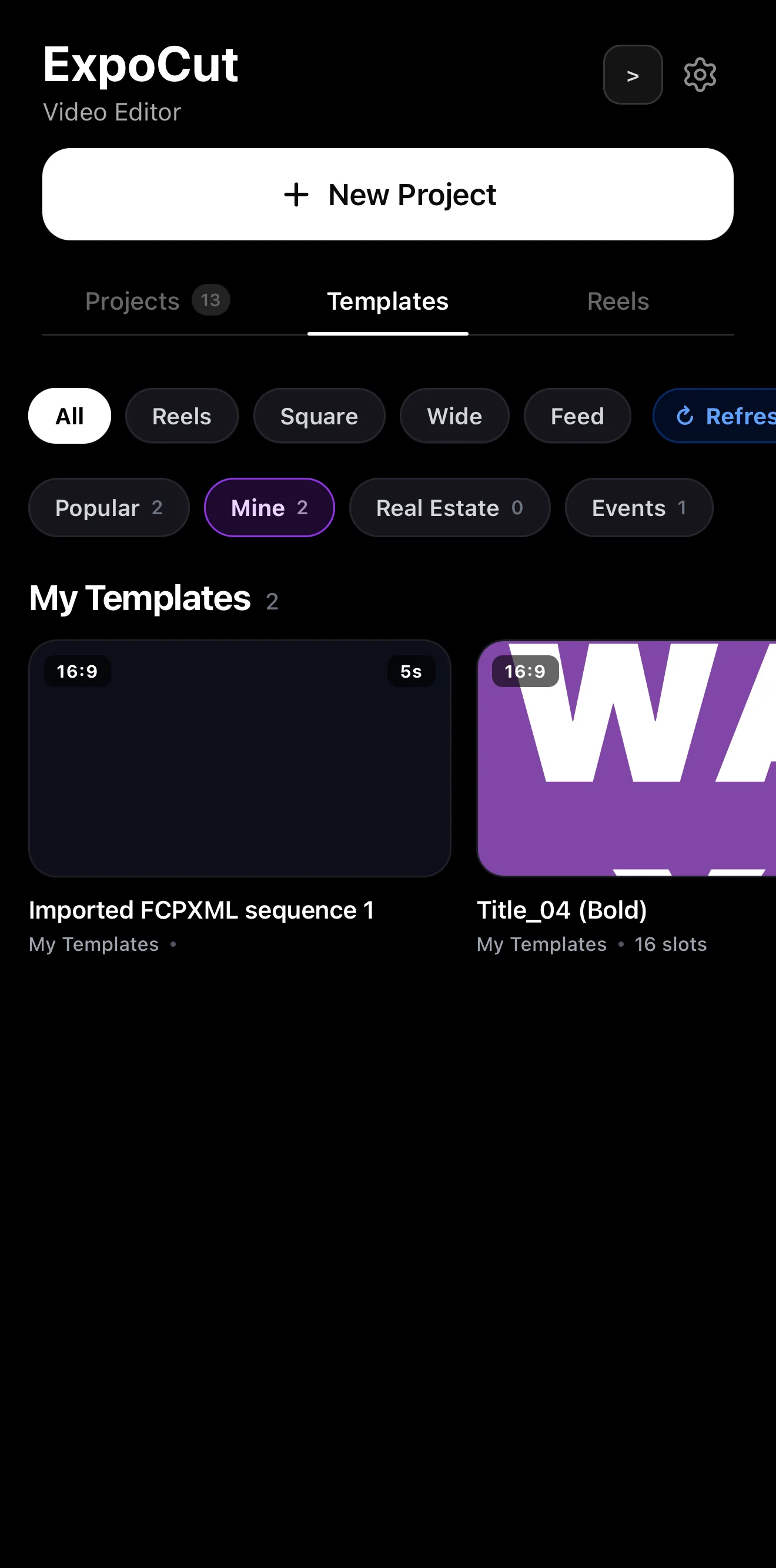The Templates gallery filtered to Mine, showing the My Templates section with the user's own saved templates.
