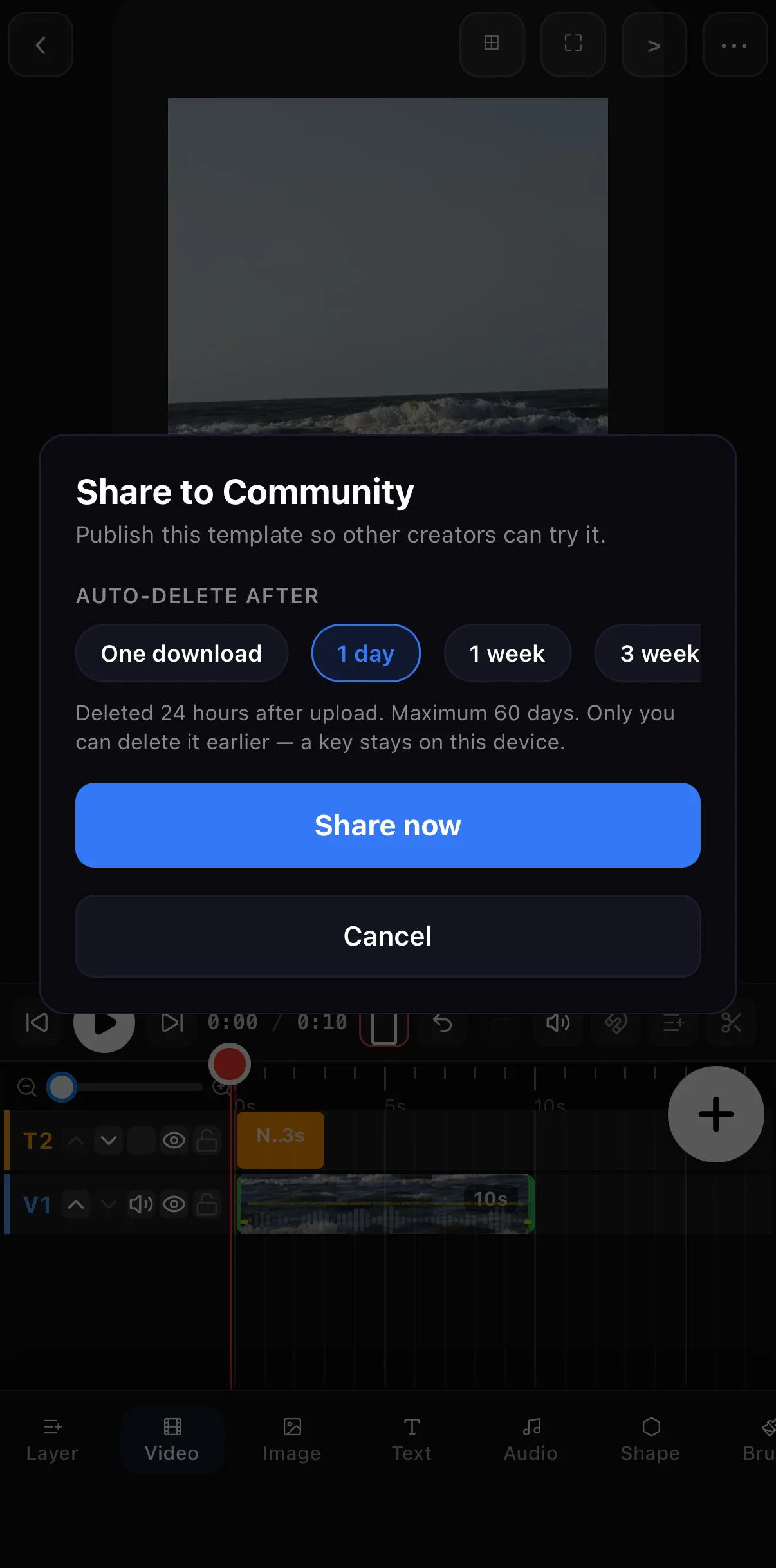 The Share to Community dialog: Auto-delete after chips One download, 1 day (selected), 1 week, 3 weeks…, a note that it is deleted 24 hours after upload with a maximum of 60 days, and Share now / Cancel buttons.