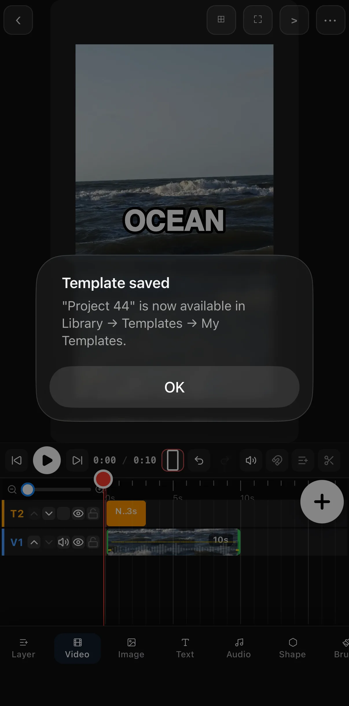 A Template saved alert over the editor: Project 44 is now available in Library → Templates → My Templates, with an OK button.