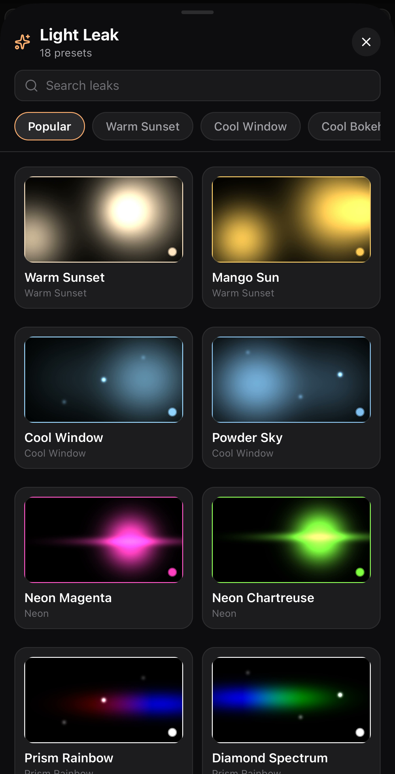 The Light Leak preset picker in the ExpoCut mobile video editor with warm and neon flare presets