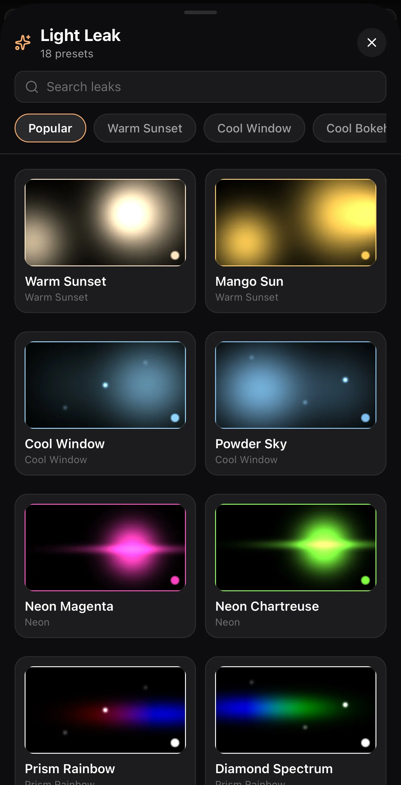 The Light Leak preset picker in the ExpoCut mobile video editor with warm and neon flare presets