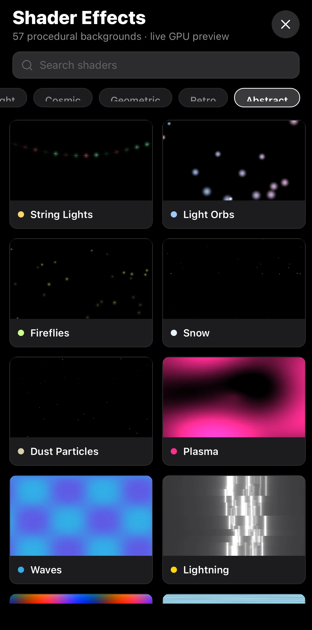 The Shader Effects Abstract tab with tiles String Lights, Light Orbs, Fireflies, Snow, Dust Particles, Plasma, Waves and Lightning.