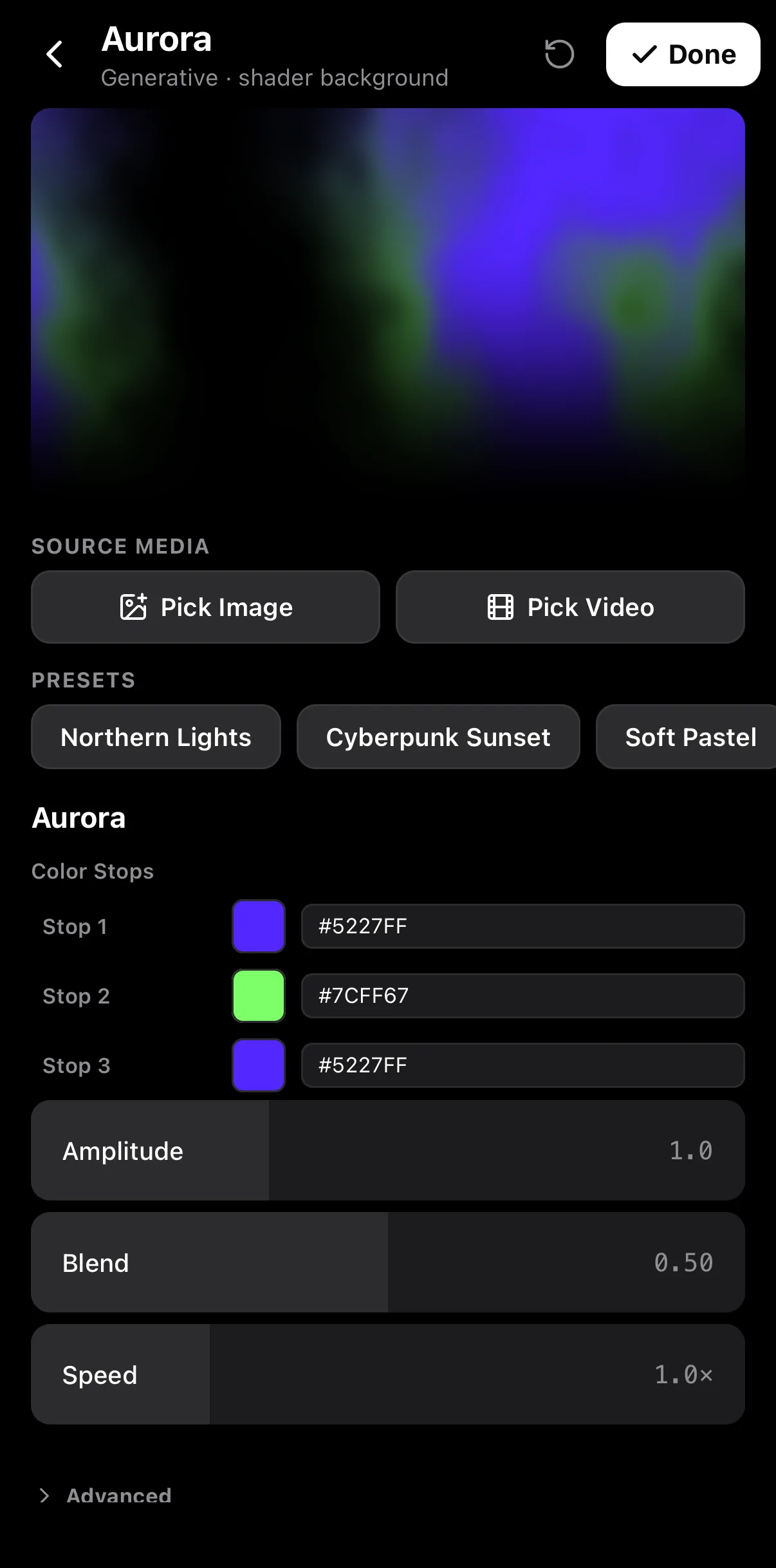 The Aurora shader editor: a live preview, Source Media buttons Pick Image and Pick Video, presets Northern Lights, Cyberpunk Sunset and Soft Pastel, three colour-stop hex fields, and Amplitude, Blend and Speed scrubbers with an Advanced section.