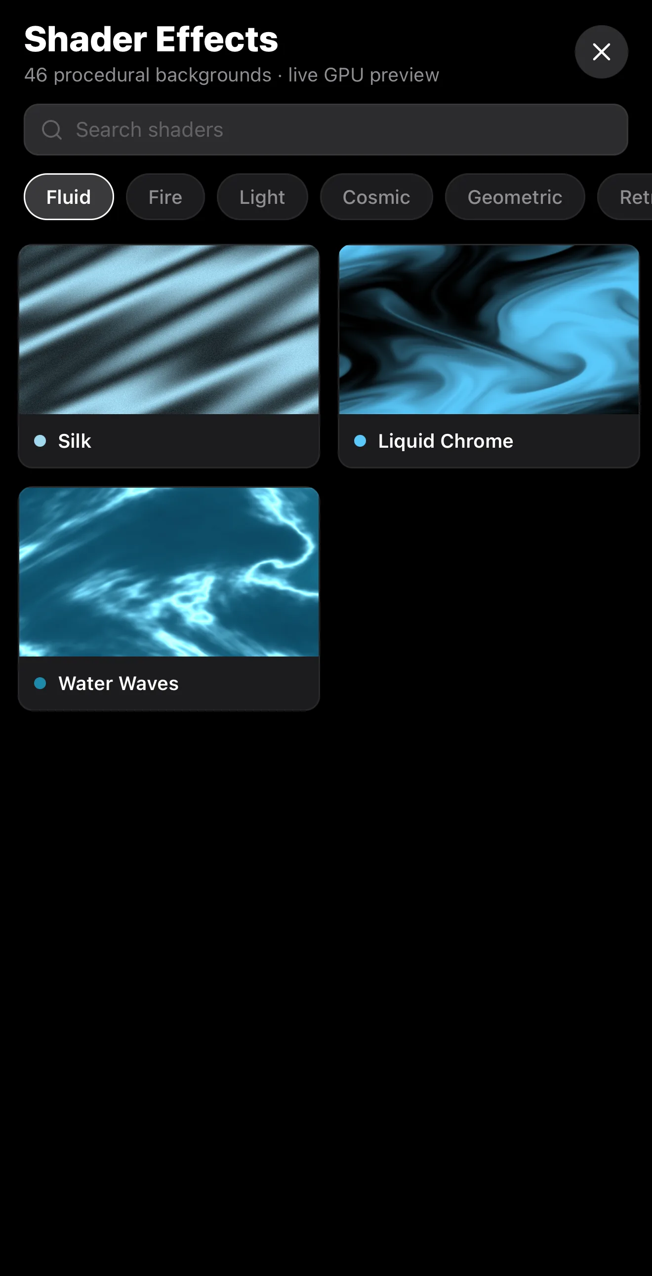 The Shader Effects panel in the ExpoCut mobile video editor with live animated background previews