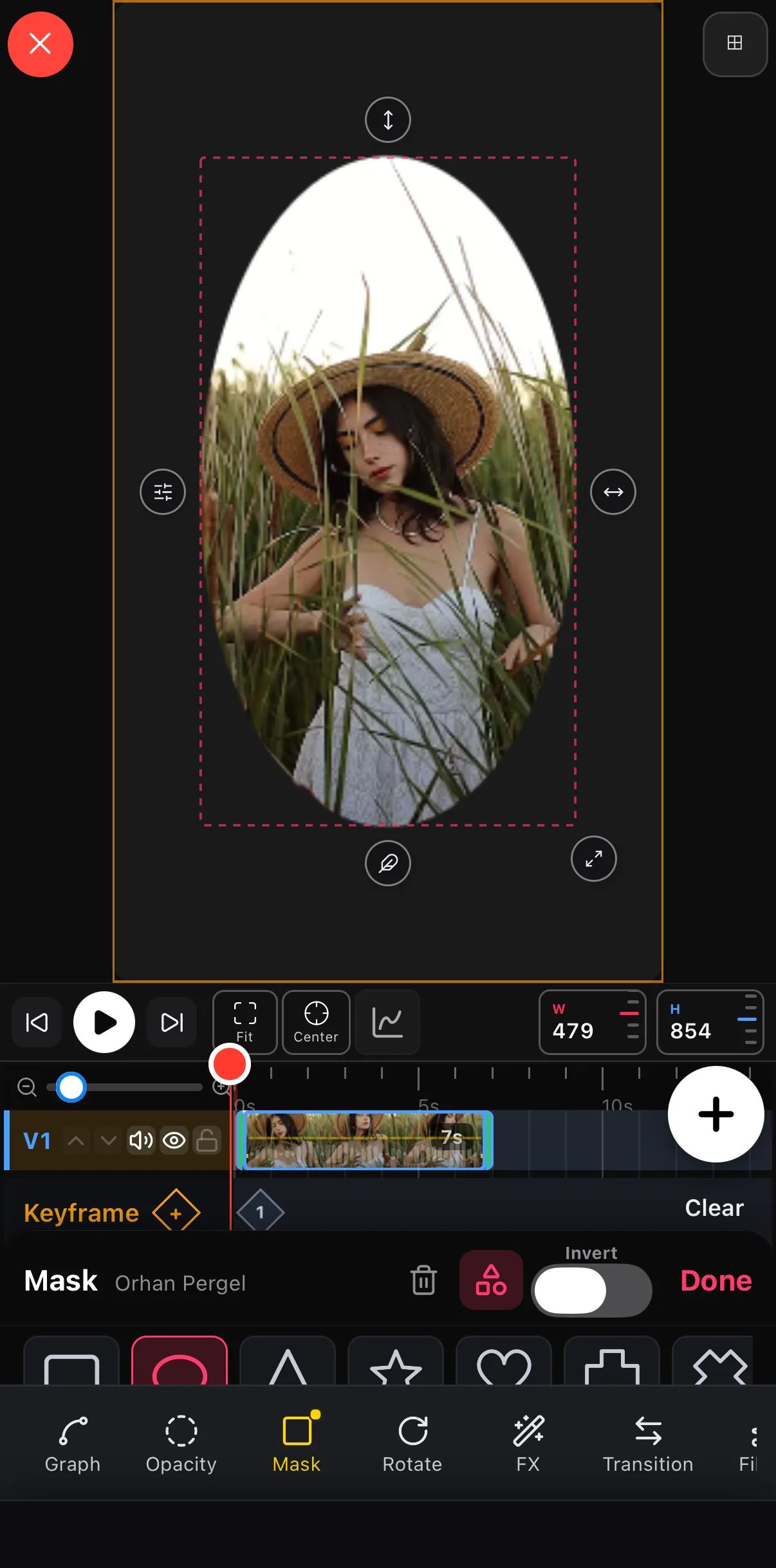 The Mask sheet at the bottom of the editor with the layer name, delete, the shapes toggle, an Invert switch, Done, and a strip of mask shapes — rectangle, ellipse, triangle, star, heart