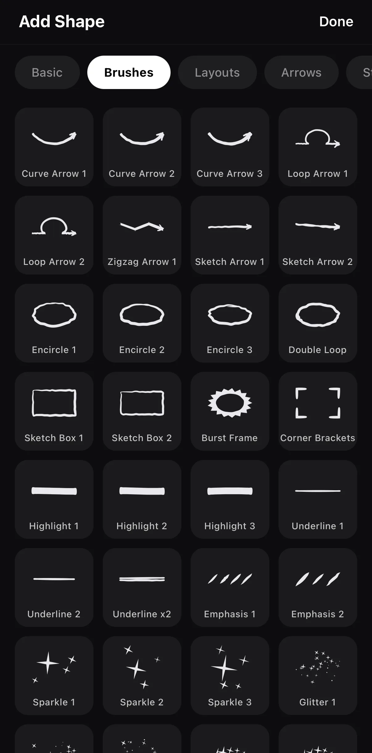 The Brushes tab of the shape catalog: curve arrows, loop arrows, encircles, sketch boxes, highlights, underlines, emphasis marks and sparkles