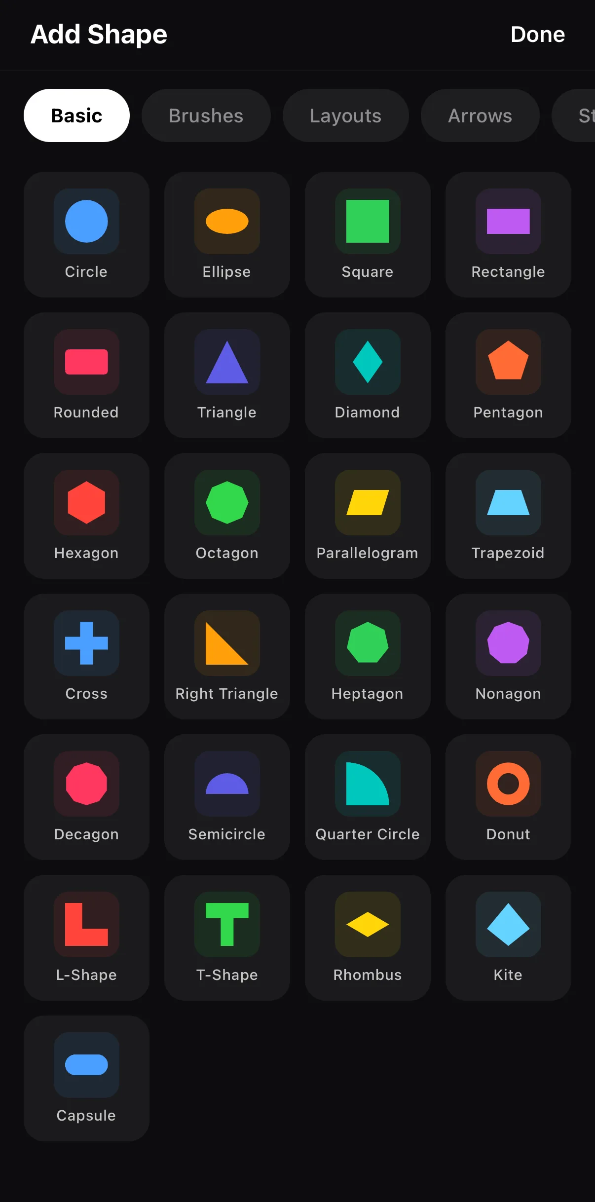 The Add Shape catalog on the Basic tab: Circle, Ellipse, Square, Rectangle, Rounded, Triangle, Diamond, Pentagon and more, with Brushes, Layouts, Arrows and Stars tabs