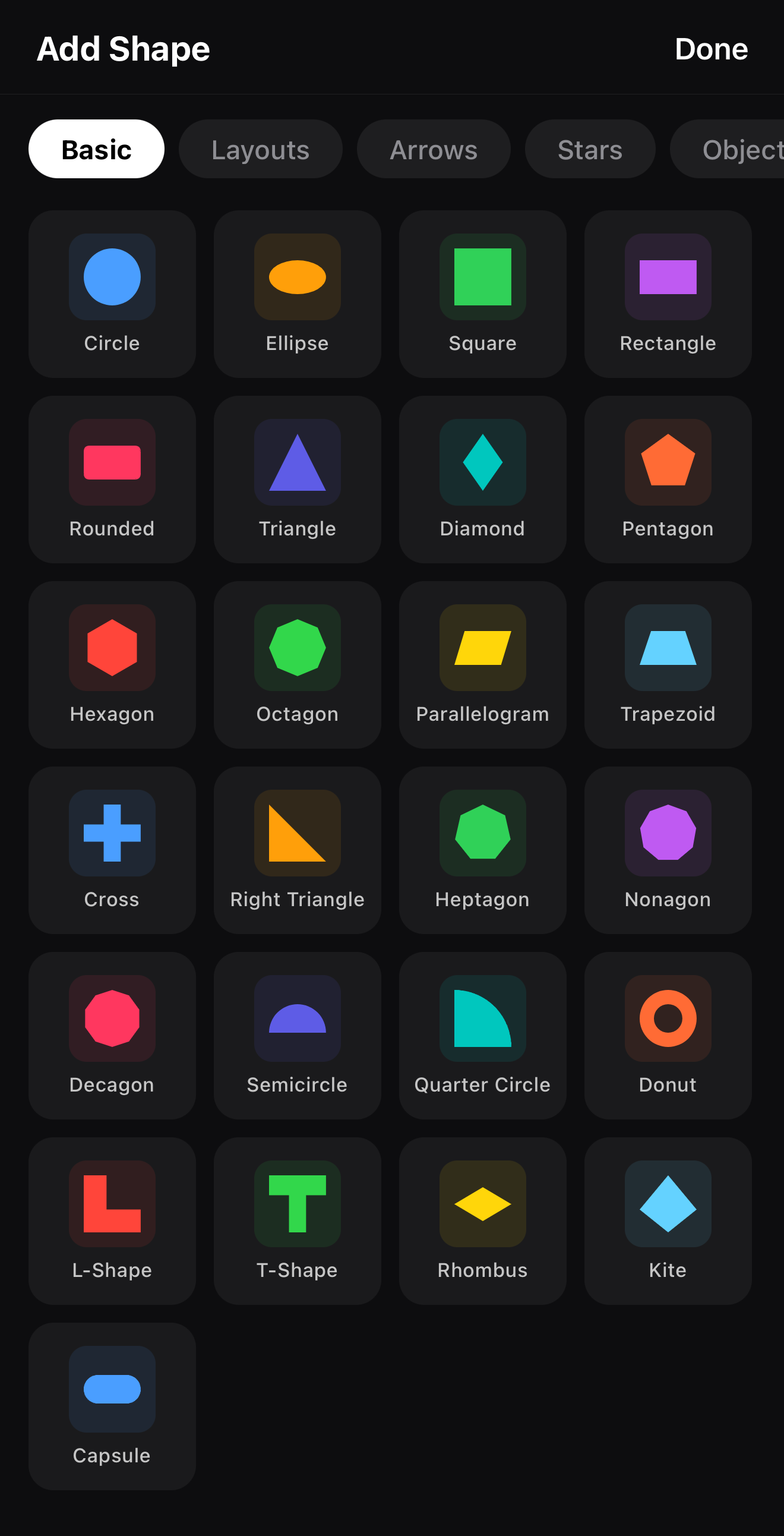 The Add Shape catalog in the ExpoCut mobile video editor with basic shapes, arrows, stars and objects