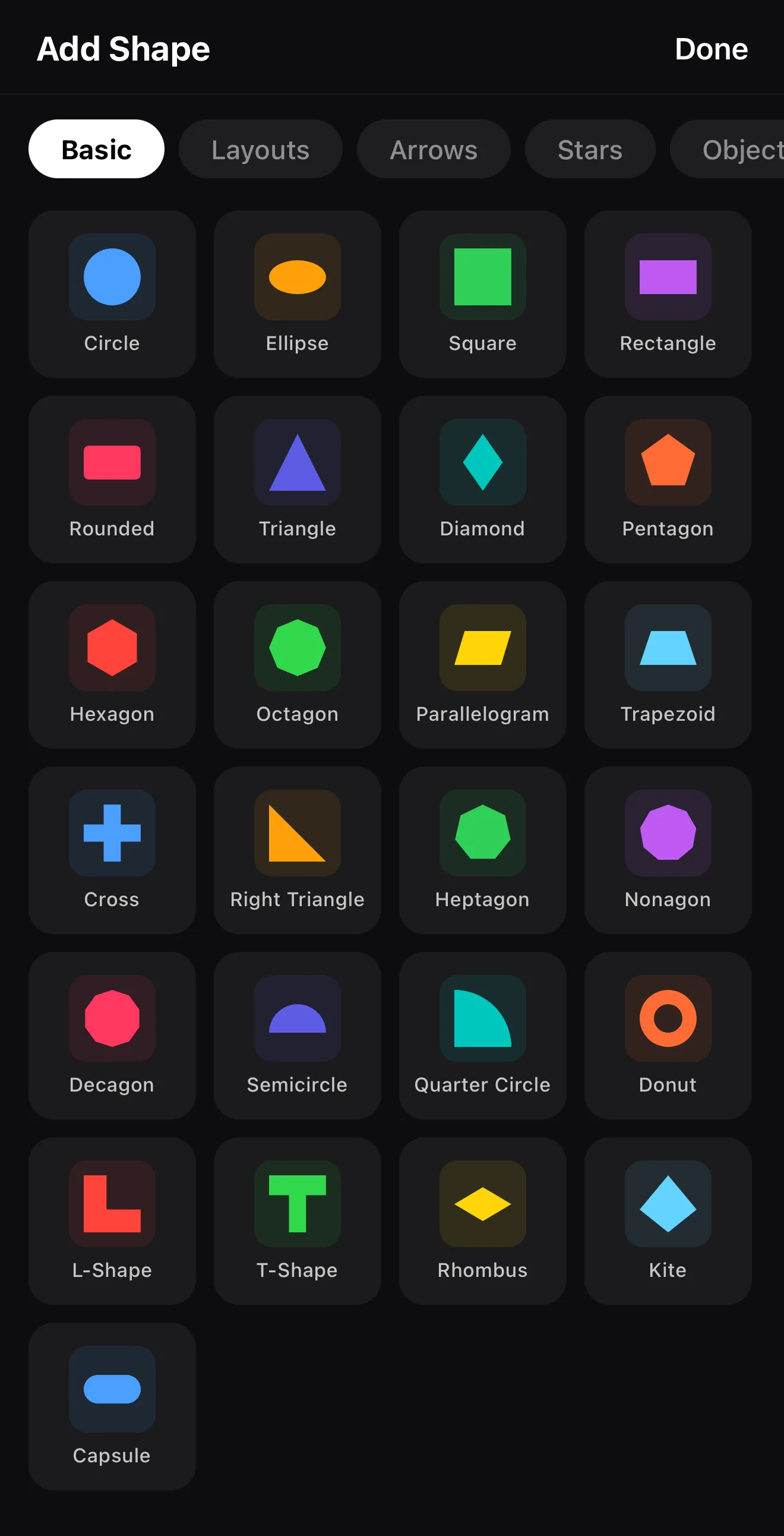 The Add Shape catalog in the ExpoCut mobile video editor with basic shapes, arrows, stars and objects