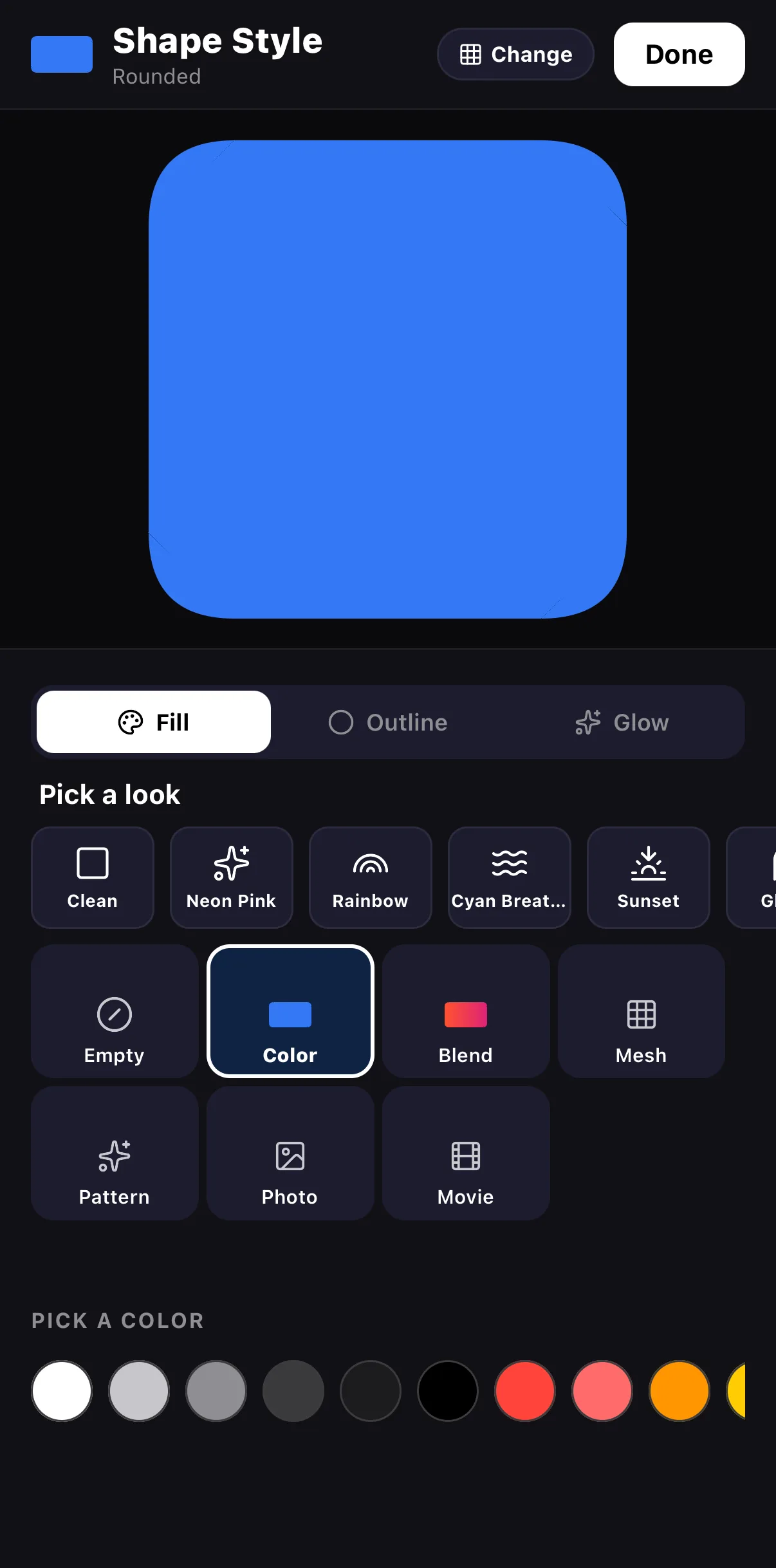 The Shape Style editor for a Rounded shape with Fill, Outline and Glow tabs, look presets, fill types (Empty, Color, Blend, Mesh, Pattern, Photo, Movie) and a colour row