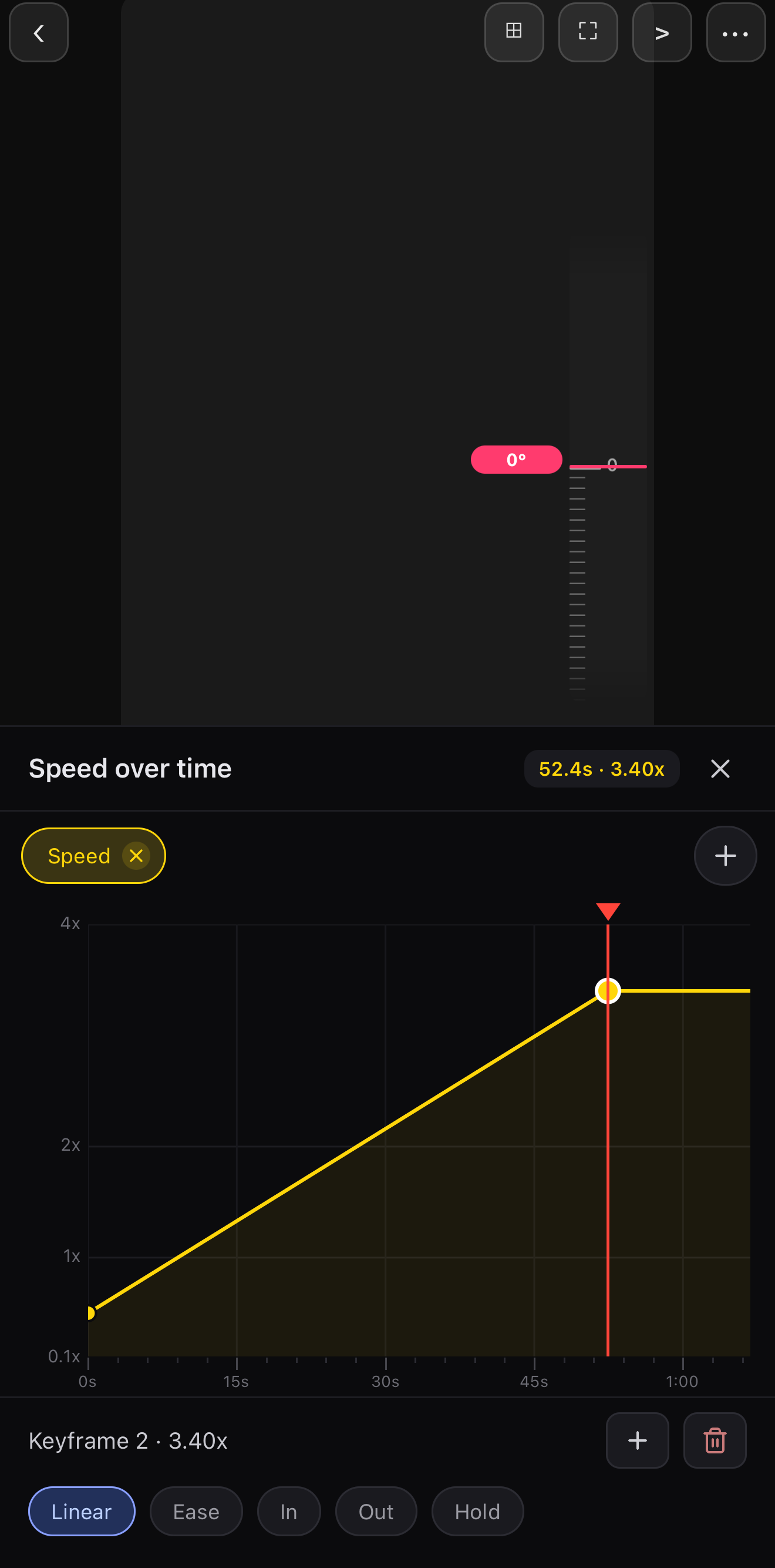 ExpoCut speed-over-time curve ramping from 0.5x up to 3.4x across the clip