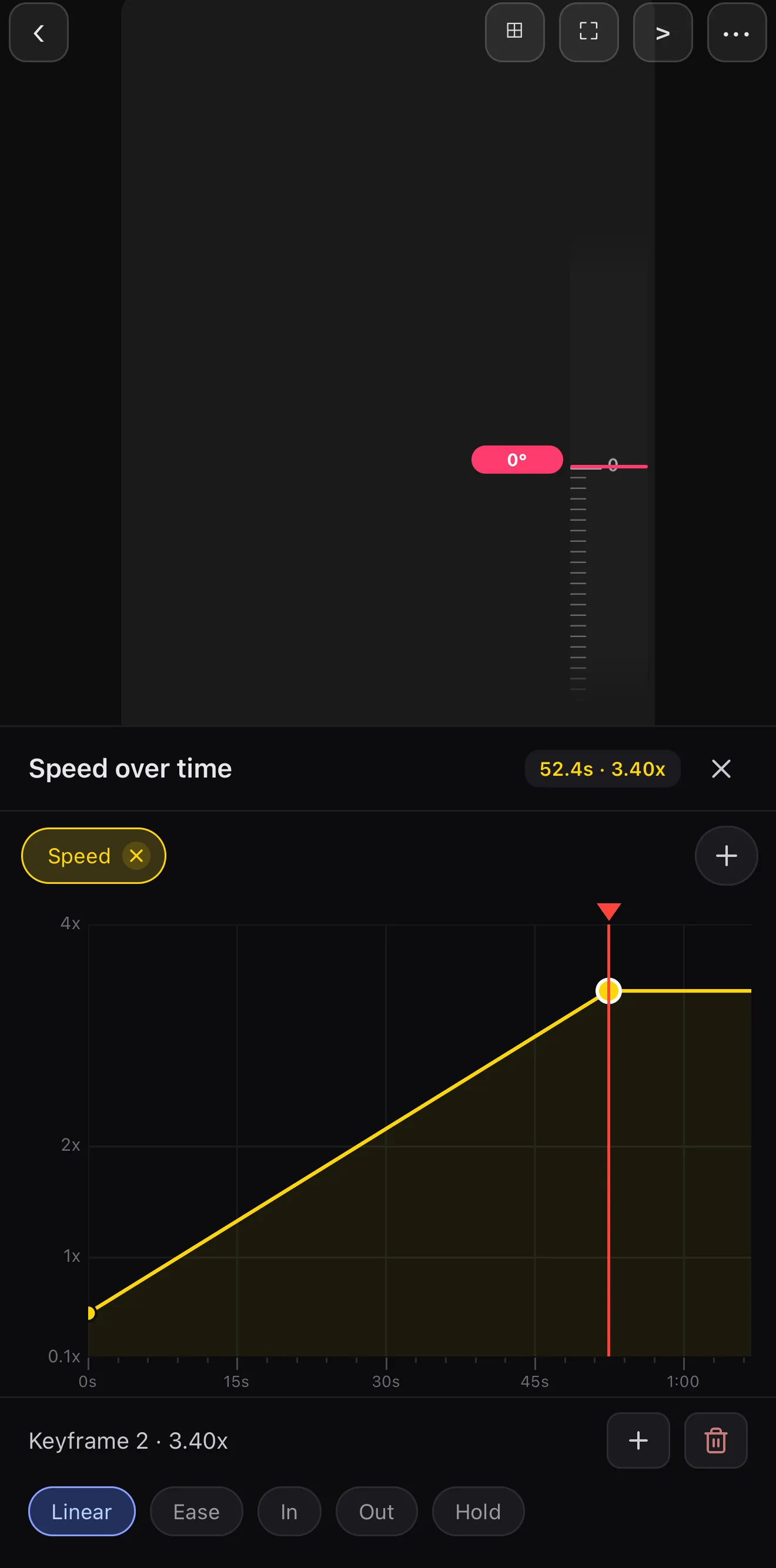 ExpoCut speed-over-time curve ramping from 0.5x up to 3.4x across the clip