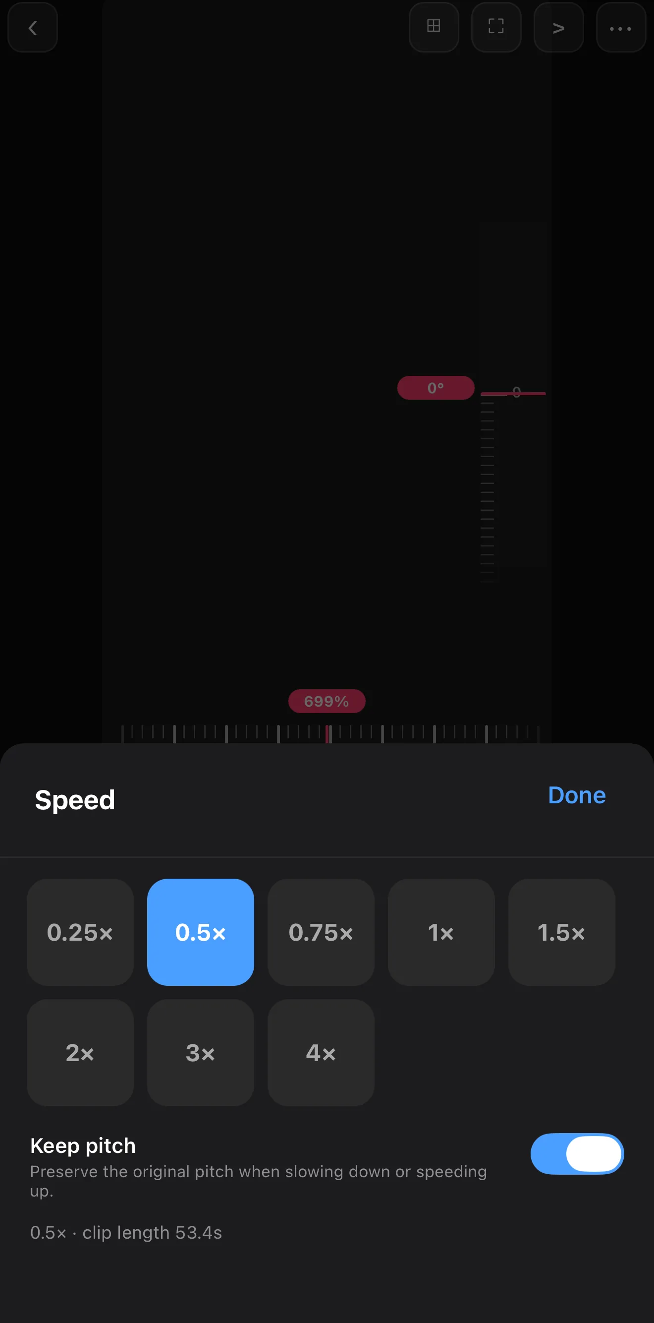 ExpoCut Speed sheet with presets from 0.25x to 4x and a Keep Pitch toggle