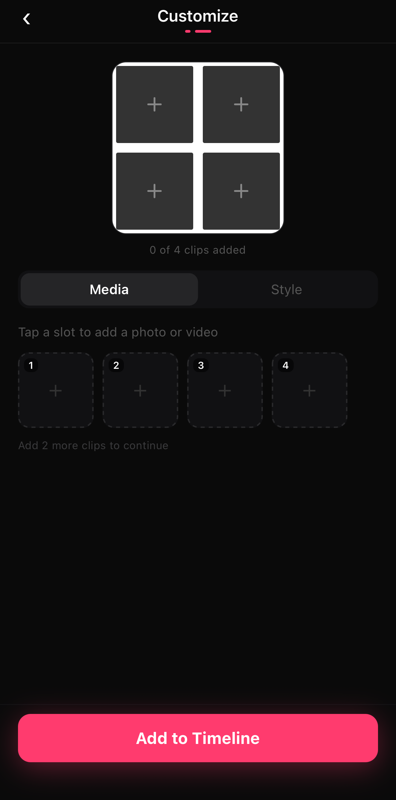 The collage Customize screen with a 2×2 tile grid and a numbered slot tray reading Tap a slot to add a photo or video
