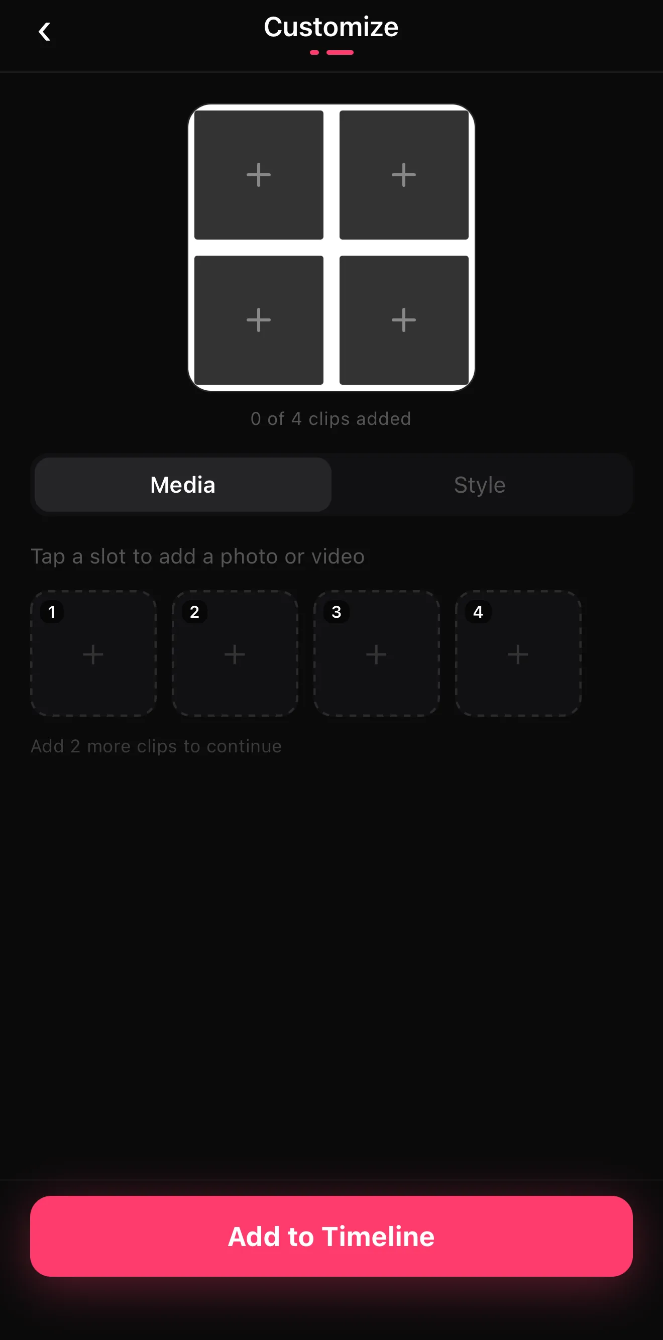 The collage Customize screen with a 2×2 tile grid and a numbered slot tray reading Tap a slot to add a photo or video