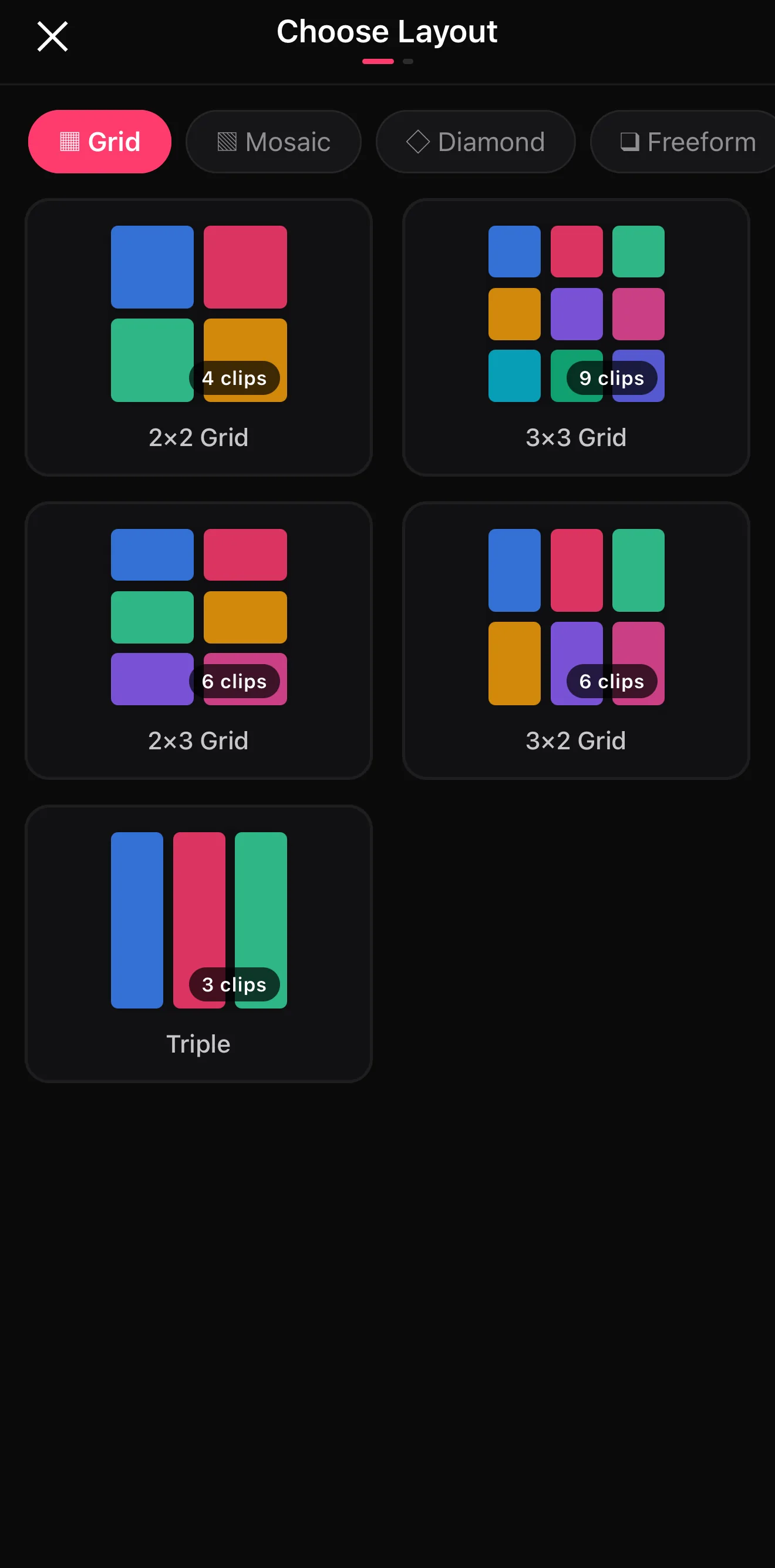 The Choose Layout screen with Grid, Mosaic, Diamond and Freeform tabs, showing 2×2, 3×3, 2×3, 3×2 and Triple grid presets