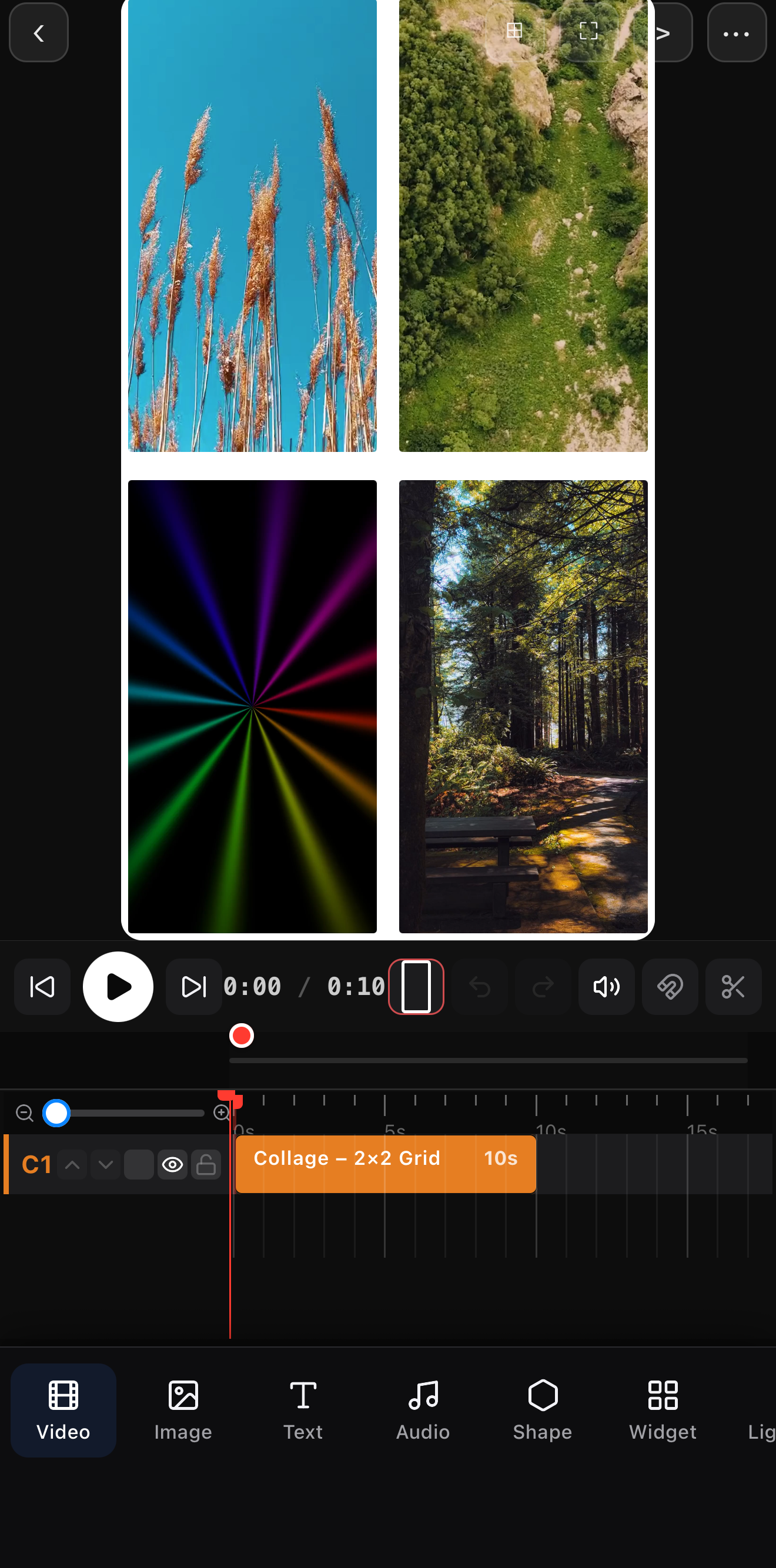 A 2×2 collage on the canvas — four different clips playing in a grid, with a Collage — 2×2 Grid clip on the timeline
