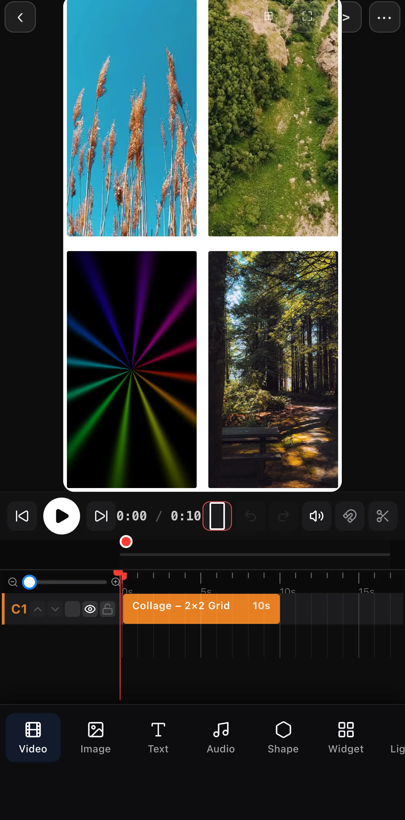 A 2×2 collage on the canvas — four different clips playing in a grid, with a Collage — 2×2 Grid clip on the timeline