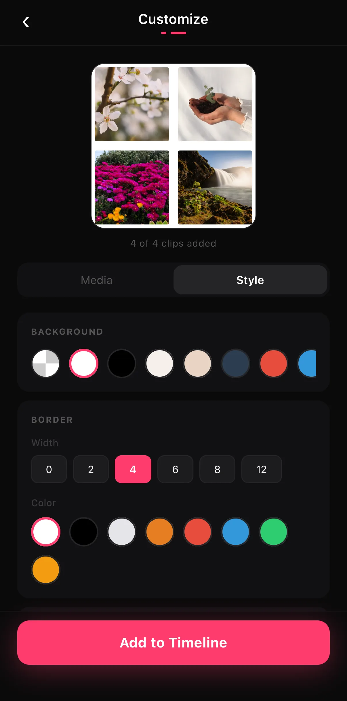 The Customize screen's Style tab: Background swatches (transparent, white outline, black, cream, sand, navy, red, blue) and a Border section with Width 0/2/4/6/8/12 and colour swatches.