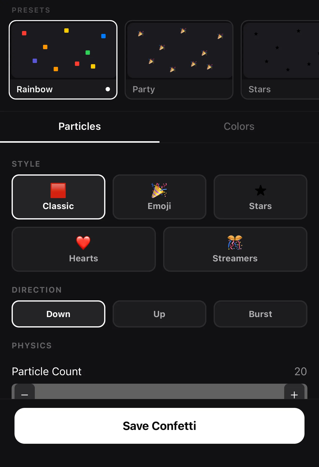 Confetti Burst editor showing Rainbow, Party and Stars presets, and particle styles Classic, Emoji, Stars, Hearts and Streamers, with a direction and particle-count control.