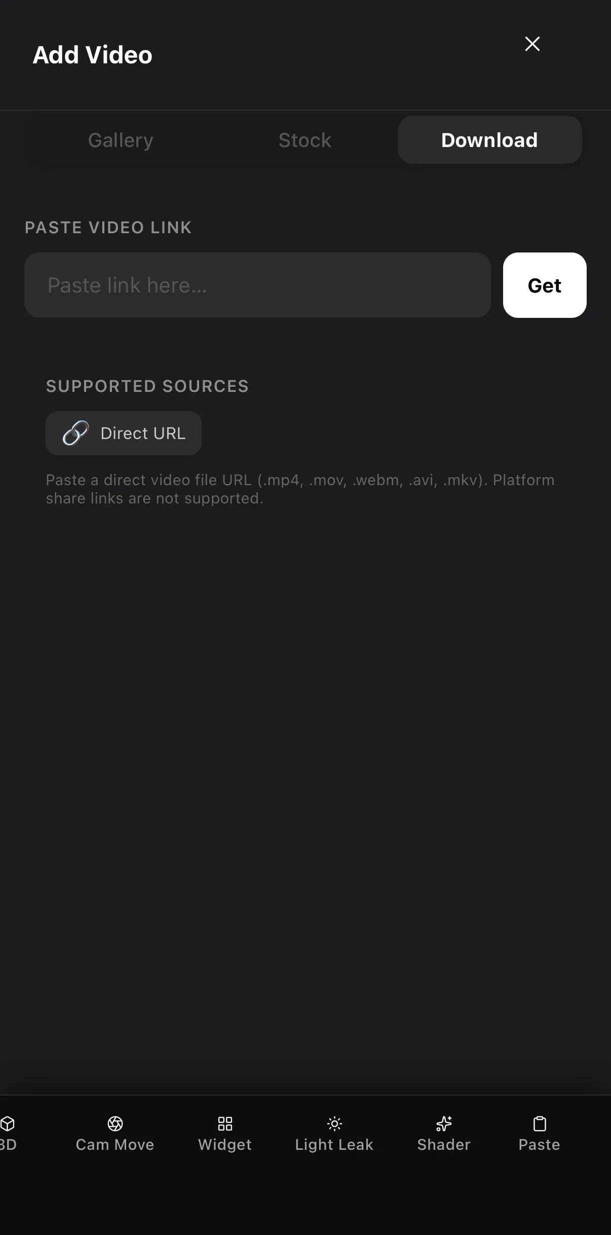 The Download tab of Add Video with a Paste video link field, a Get button and the list of supported sources