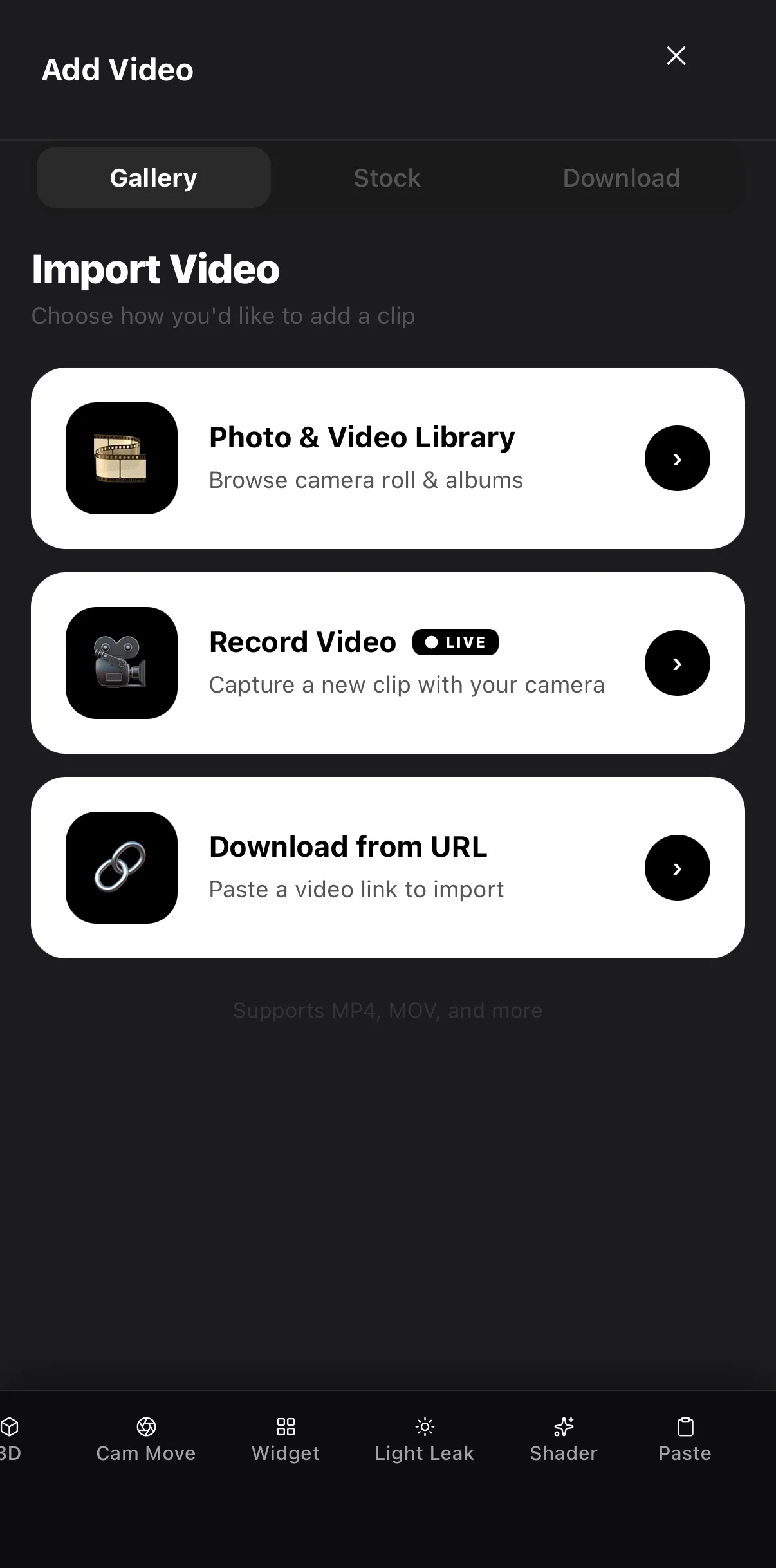 The Add Video screen on the Gallery tab: Photo & Video Library, Record Video and Download from URL cards, with Stock and Download tabs above