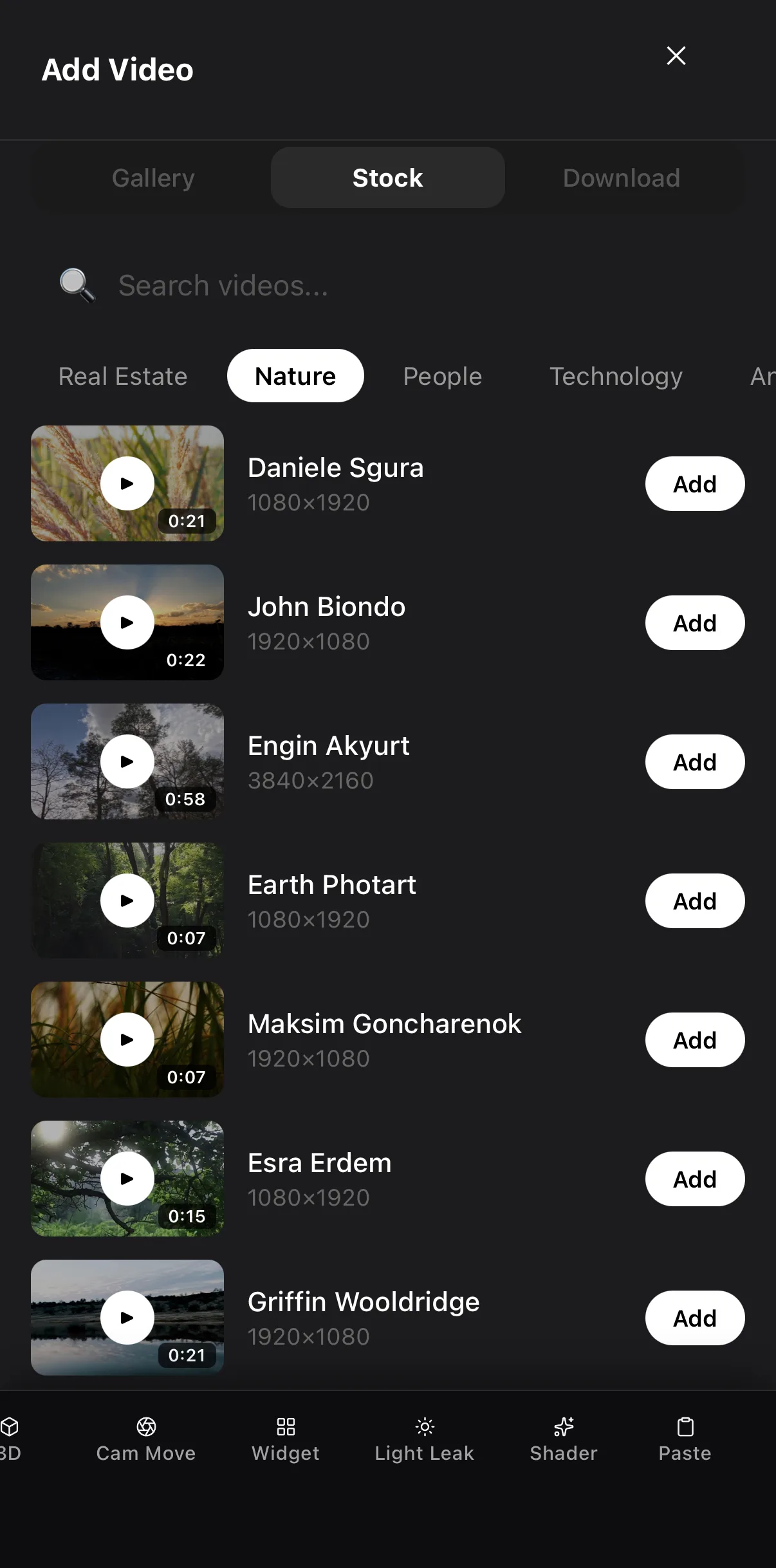 The Stock tab of Add Video browsing the Nature category: rows with a thumbnail, creator name, resolution, length and an Add button