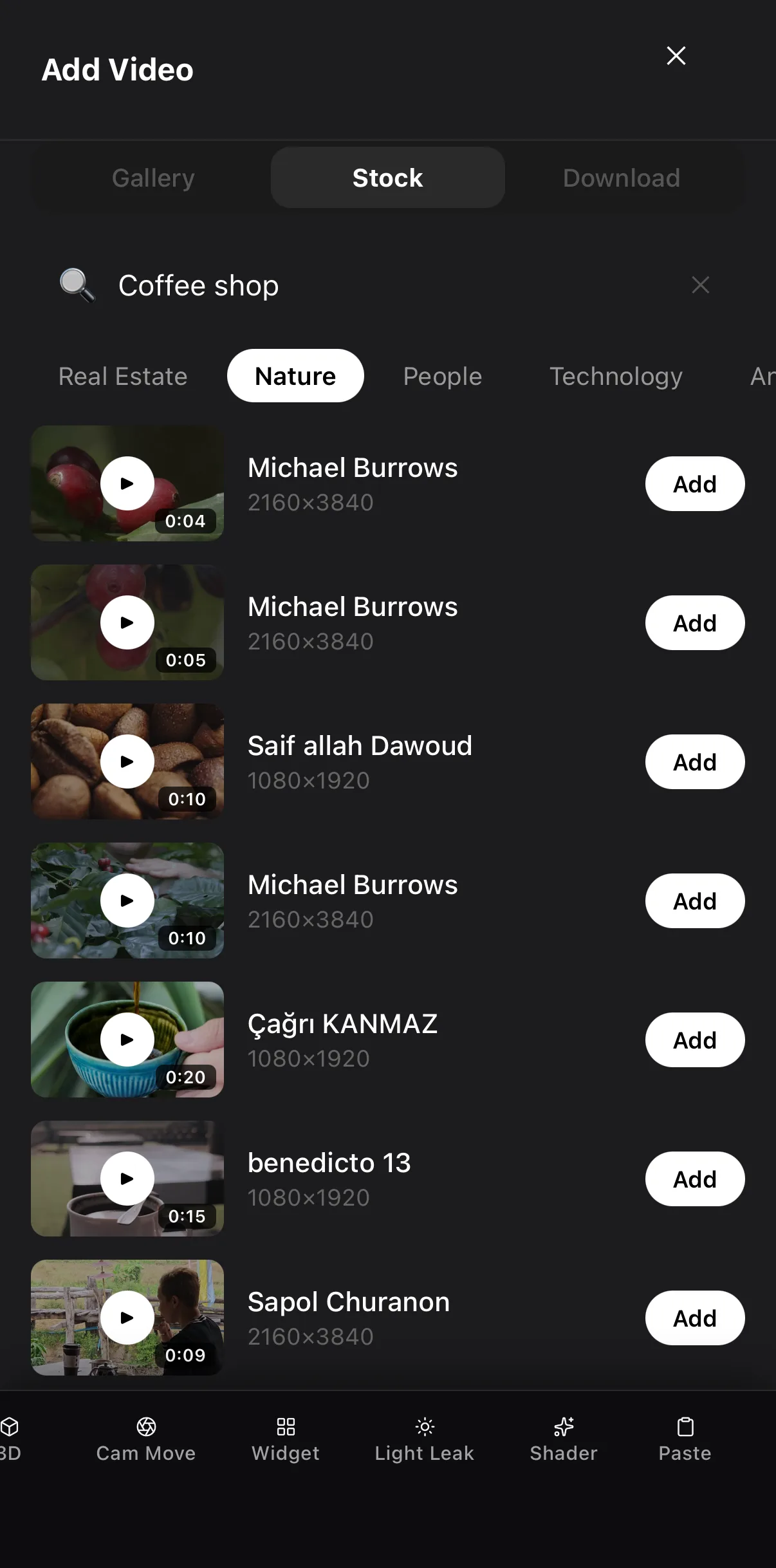 Stock search results for coffee shop, each row with an Add button