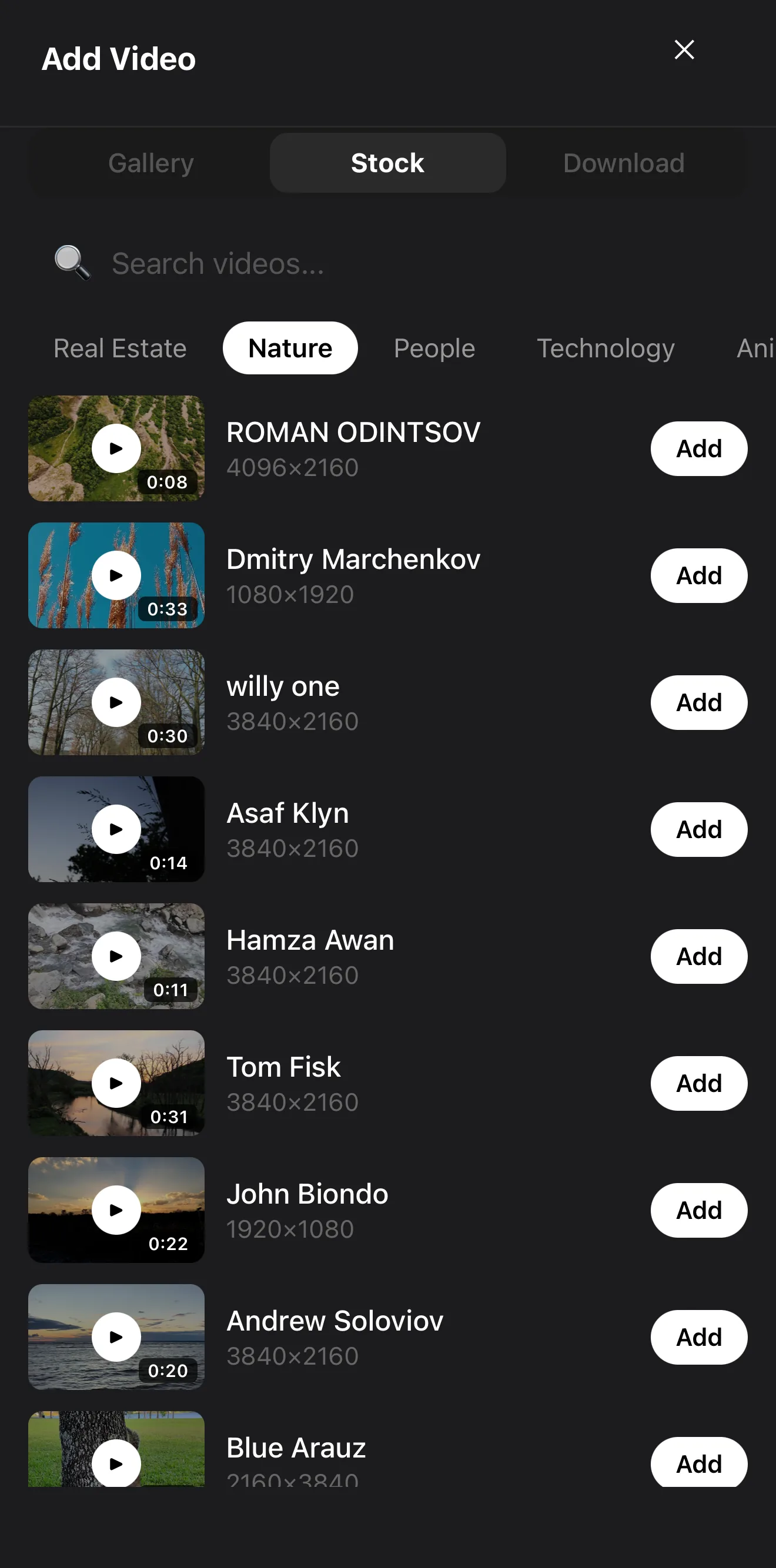 The built-in stock video browser in the ExpoCut mobile video editor with category tabs and clip durations