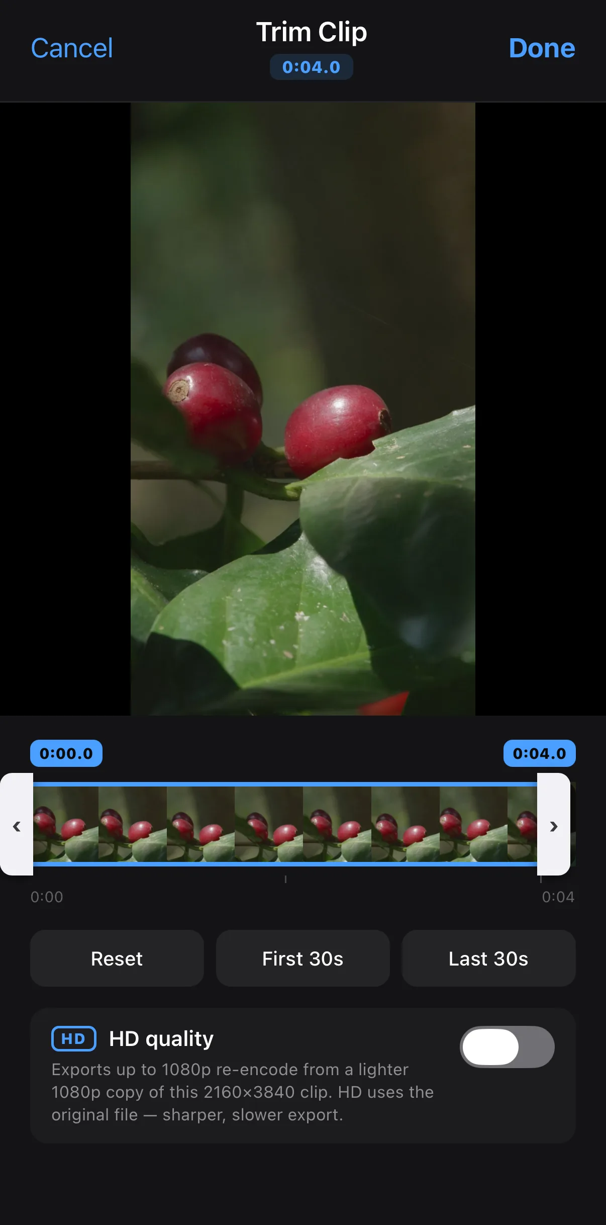 The Trim Clip sheet for a downloaded stock clip with the filmstrip, Reset / First 30s / Last 30s shortcuts and the HD quality switch