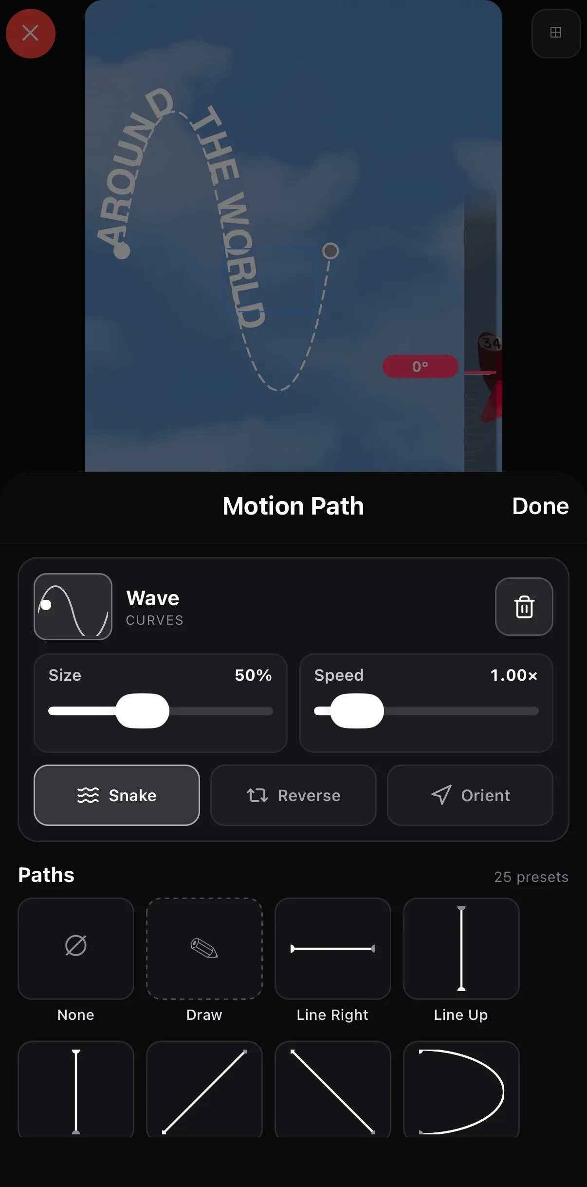 The Motion Path sheet with Wave selected (Curves), Size 50%, Speed 1.00×, and Snake, Reverse and Orient buttons with Snake active; on the canvas the letters of AROUND THE WORLD run along a dashed wave from the top-left corner.