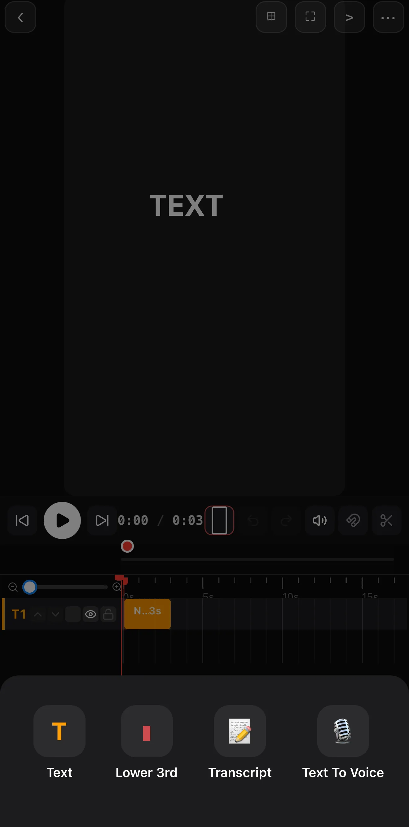 ExpoCut Text tool submenu showing Text, Lower 3rd, Transcript and Text To Voice
