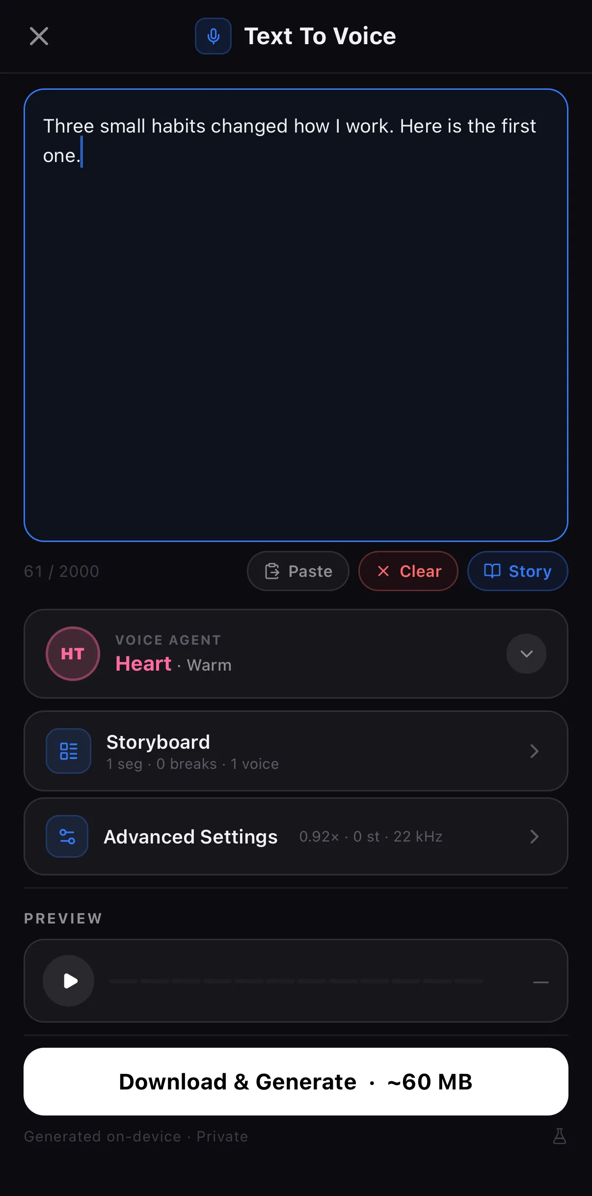 Text To Voice ready to generate: the script, Heart selected, Storyboard (1 seg · 0 breaks · 1 voice), Advanced Settings (0.92× · 0 st · 22 kHz) and the Download & Generate ~60 MB button