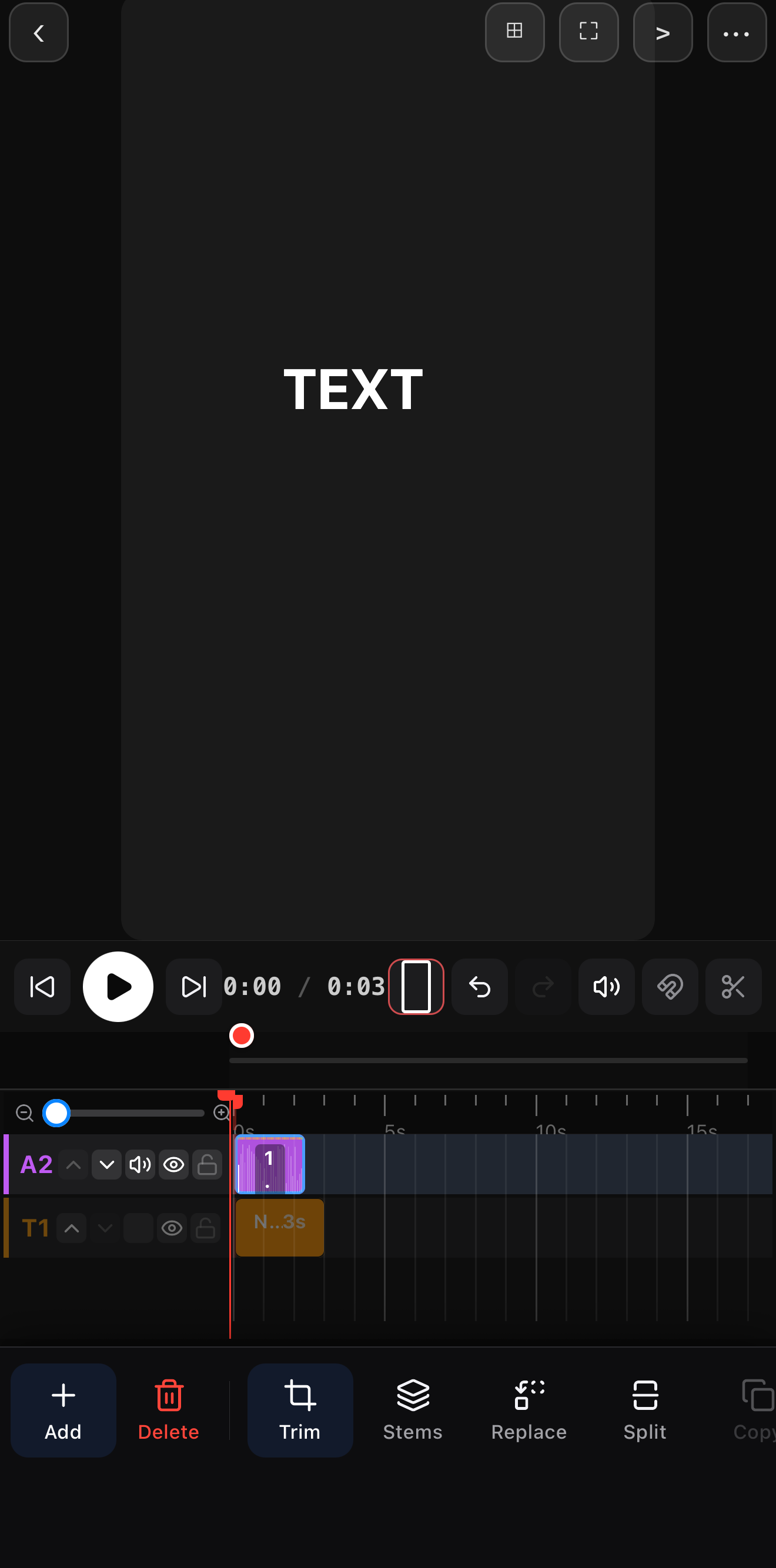 Generated voiceover sitting on the timeline as an audio layer with Trim, Stems and Split tools