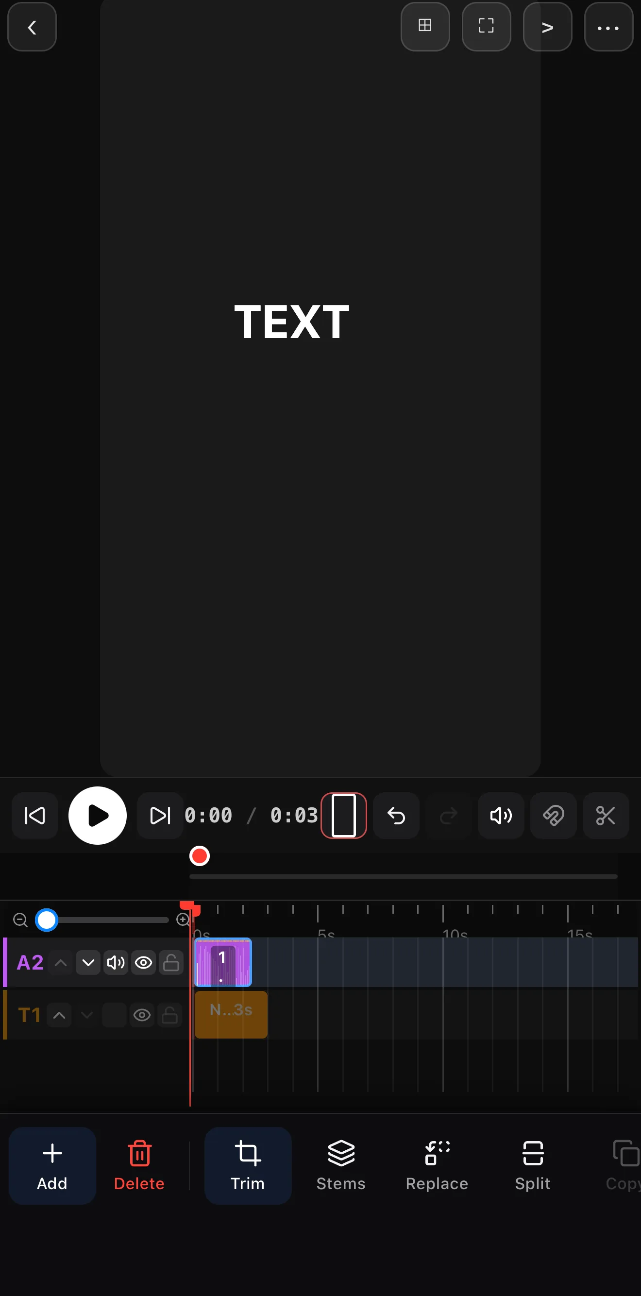 Generated voiceover sitting on the timeline as an audio layer with Trim, Stems and Split tools