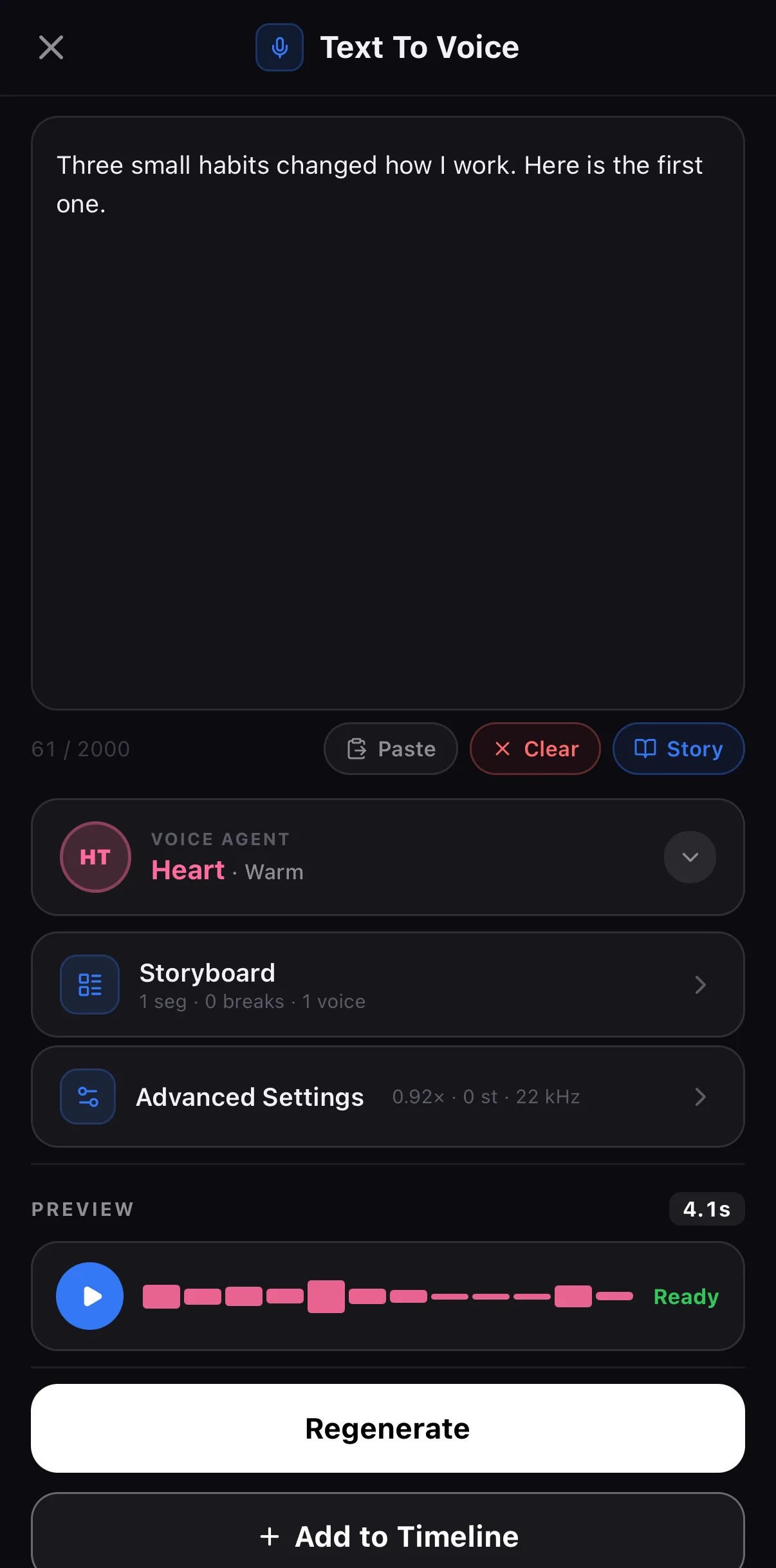 The generated 4.1-second voiceover in the Preview row with a waveform, Ready, Regenerate and + Add to Timeline buttons