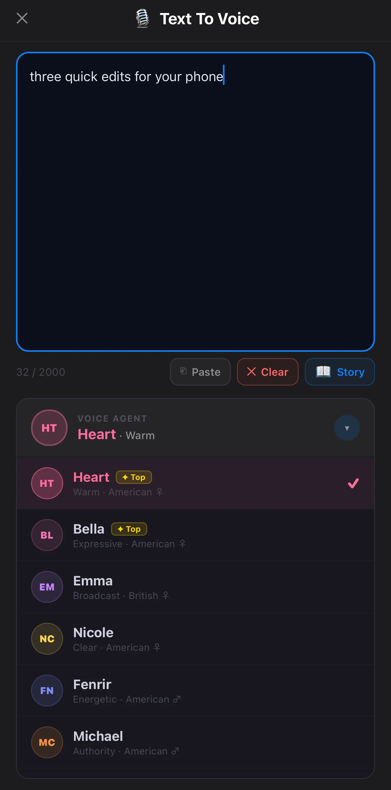 Text To Voice panel with a typed script and a voice list showing voices by accent and gender