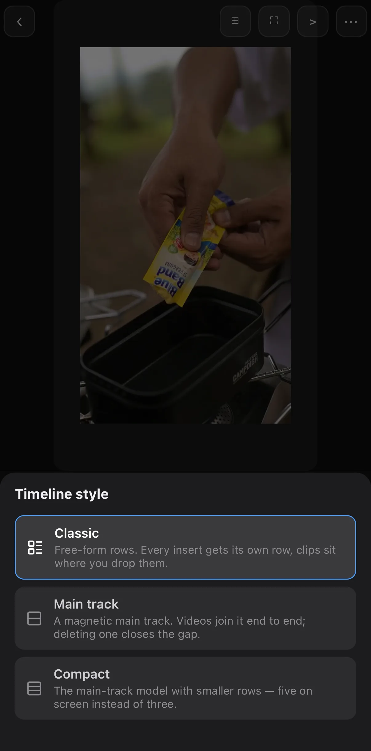 The Timeline style sheet with three cards: Classic — free-form rows, every insert gets its own row, clips sit where you drop them; Main track — a magnetic main track, videos join end to end, deleting one closes the gap; Compact — the main-track model with smaller rows, five on screen instead of three.
