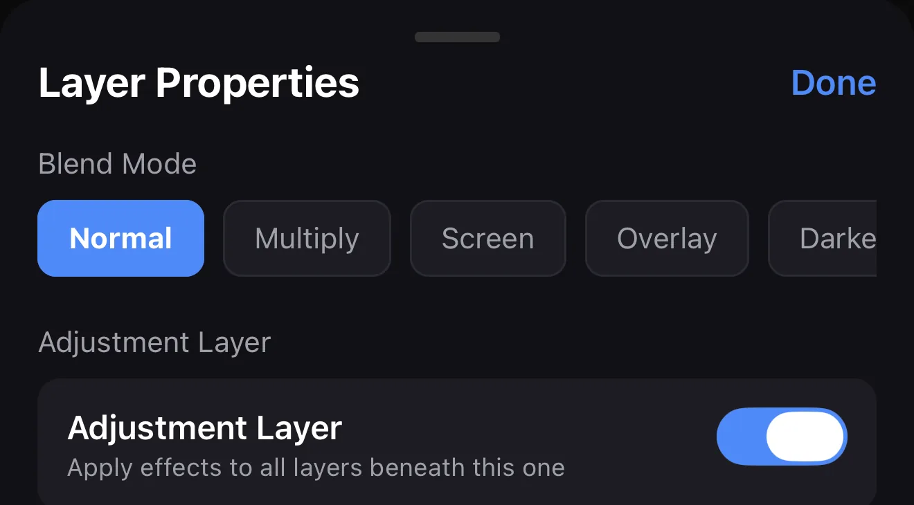 The top of the Layer Properties panel showing the Blend Mode row and the Adjustment Layer toggle switched on