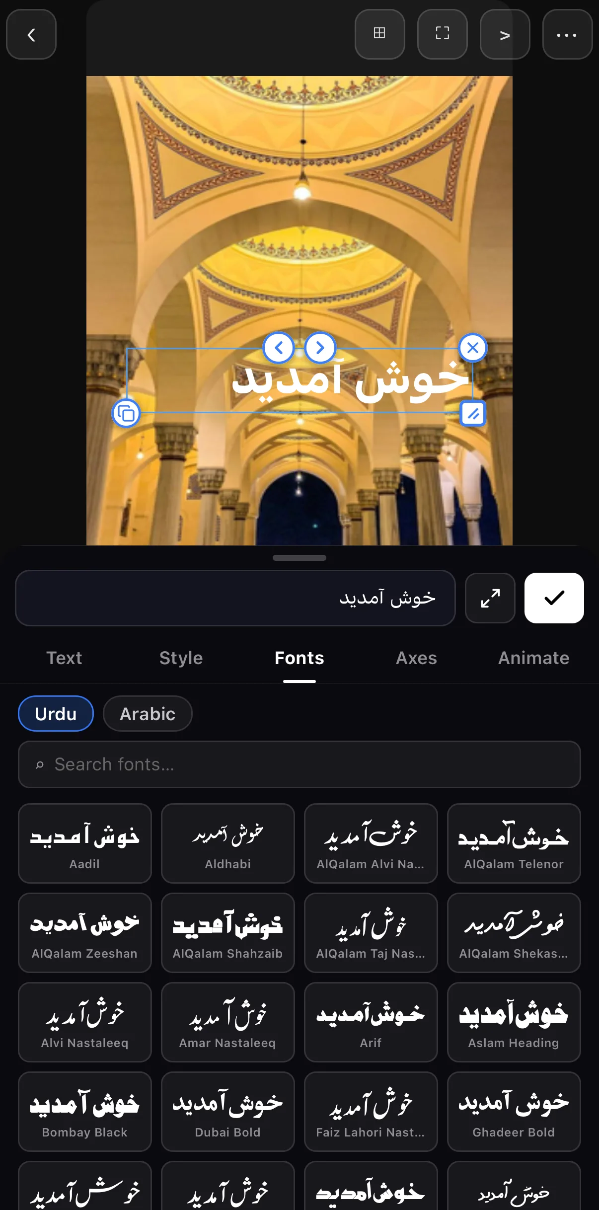 The Fonts tab with Urdu and Arabic tabs and a search field; a grid of faces — Aadil, Aldhabi, AlQalam Alvi Nastaleeq, AlQalam Telenor, AlQalam Zeeshan, AlQalam Shahzaib, AlQalam Taj Nastaleeq, Alvi Nastaleeq, Amar Nastaleeq, Arif, Aslam Heading, Bombay Black, Dubai Bold, Faiz Lahori Nastaleeq — each previewing خوش آمدید.