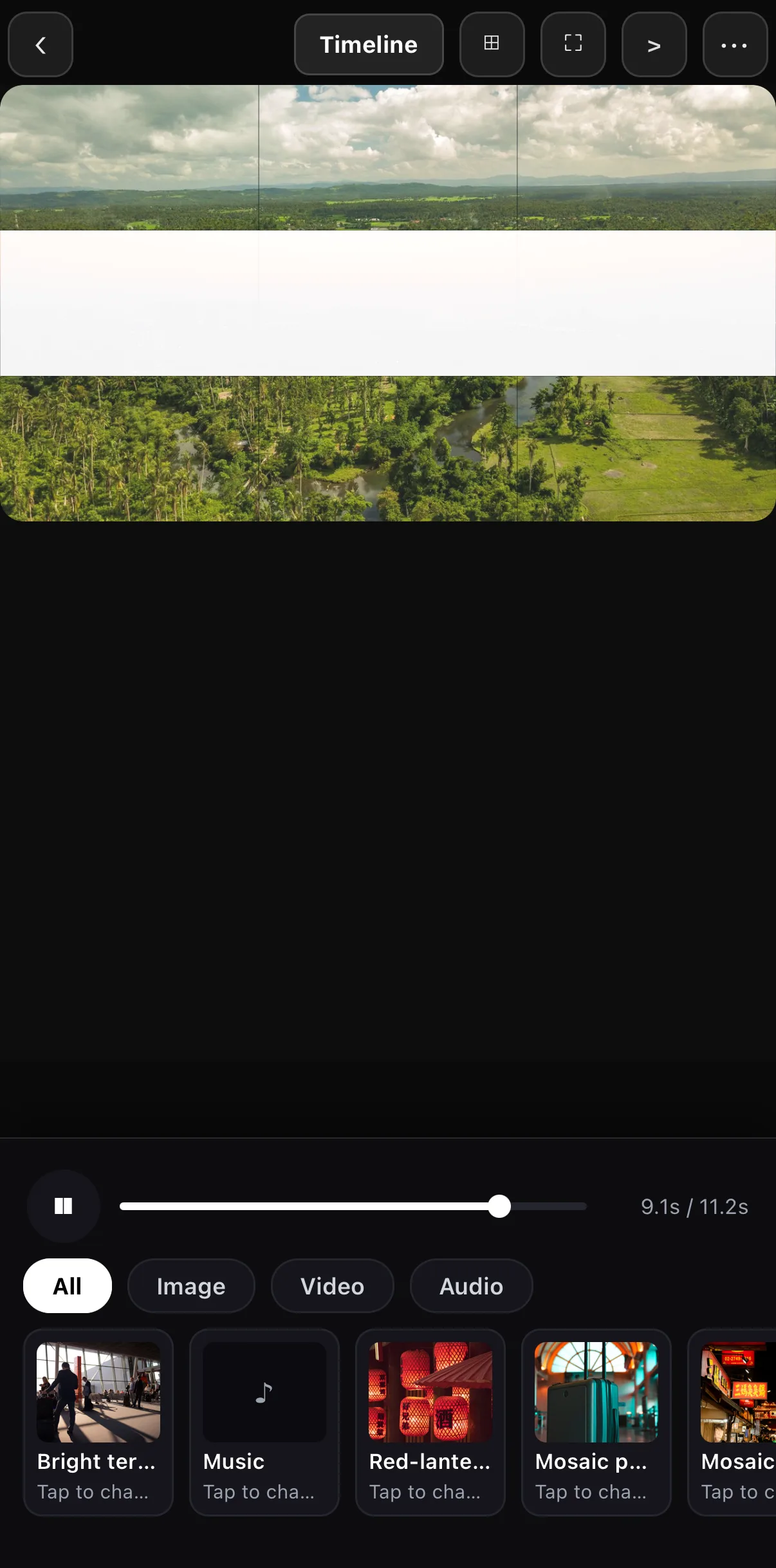 A 16:9 Travel Tile Mosaic reel open in Wizard mode with Image, Video and Audio slot cards labelled Tap to change