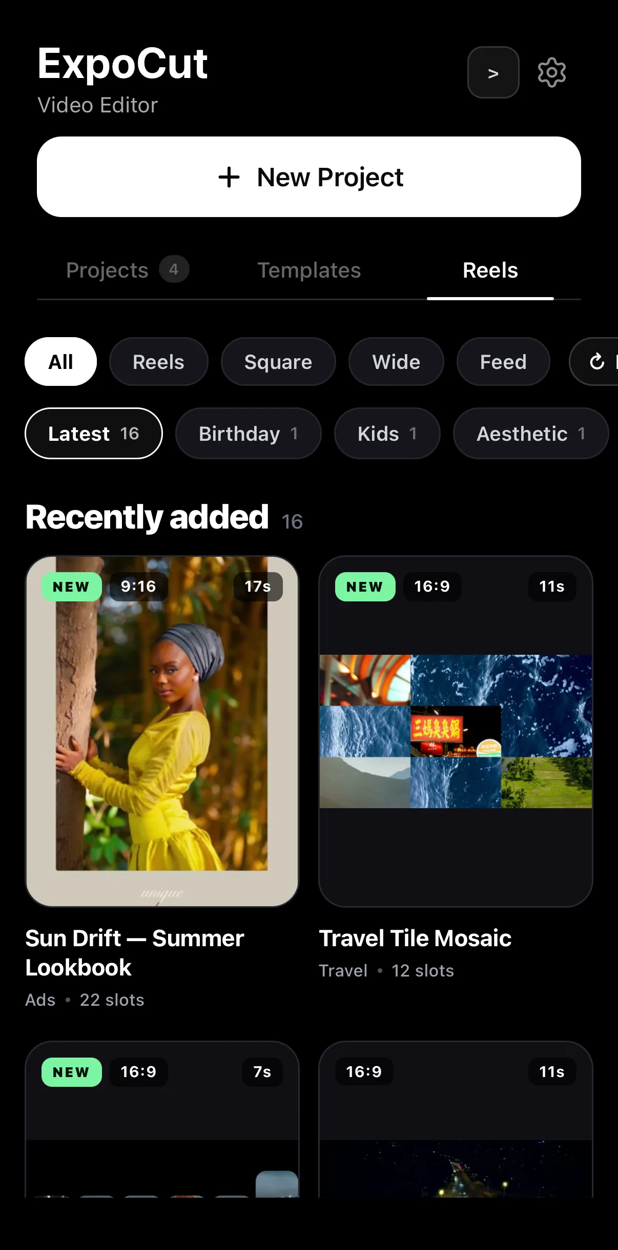 The Reels tab with aspect filters, Latest / Birthday / Kids / Aesthetic categories and the Sun Drift and Travel Tile Mosaic reel cards