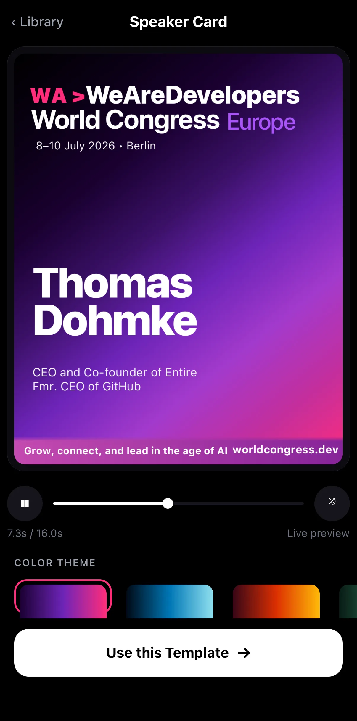 The Speaker Card template preview with a scrub bar, Color Theme swatches and the Use this Template button
