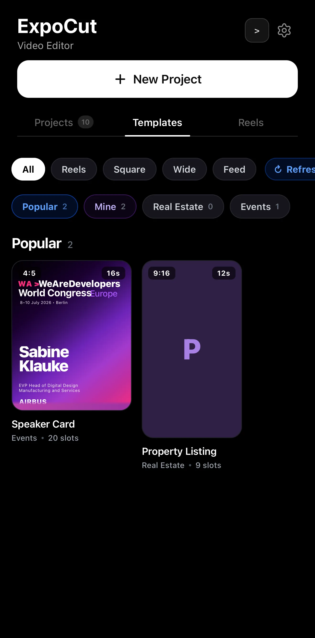 ExpoCut Templates tab on the home screen with bundled templates