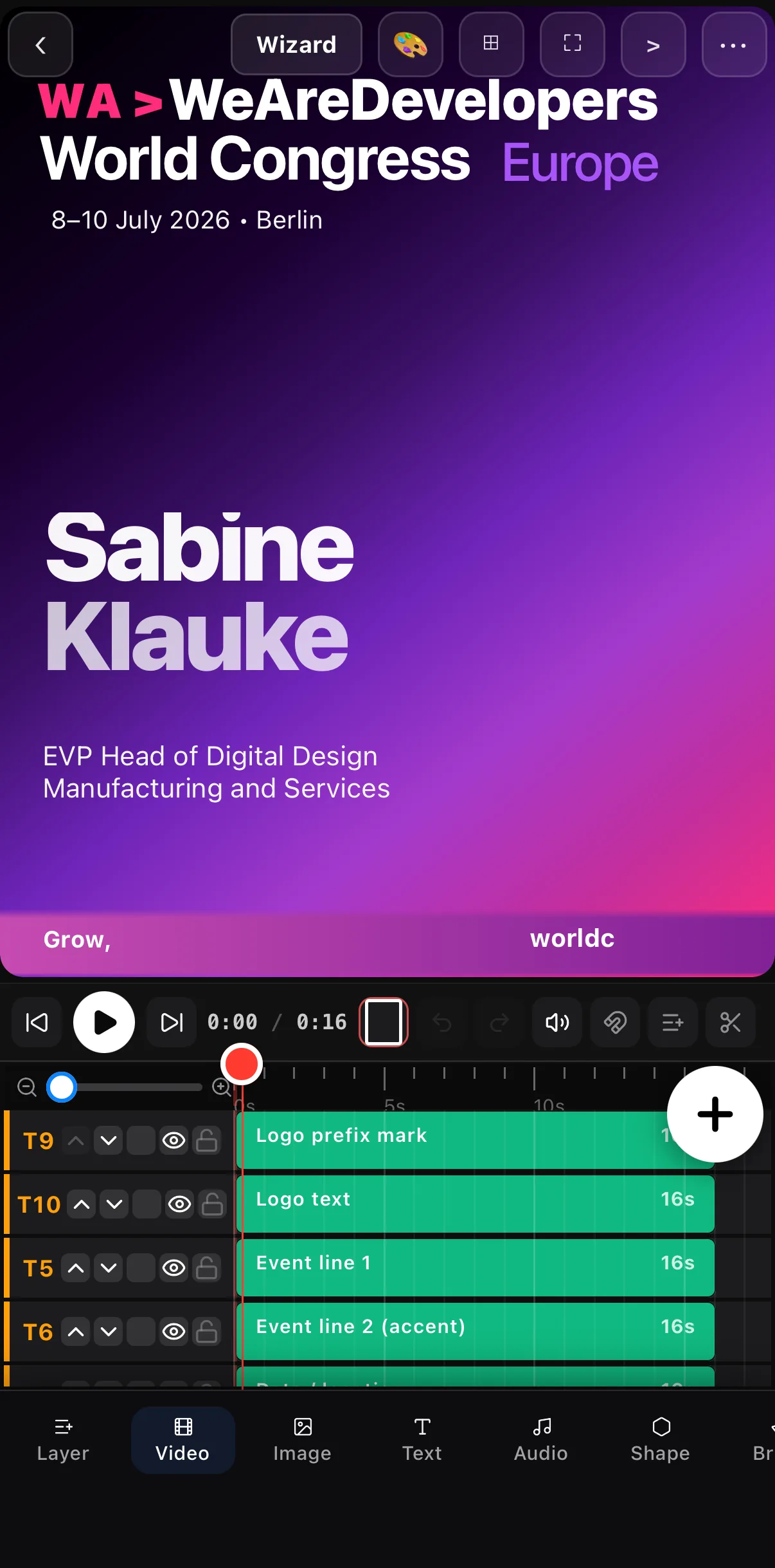 The same Speaker Card project on the full timeline after tapping Timeline, showing text rows T9, T10, T5 and T6