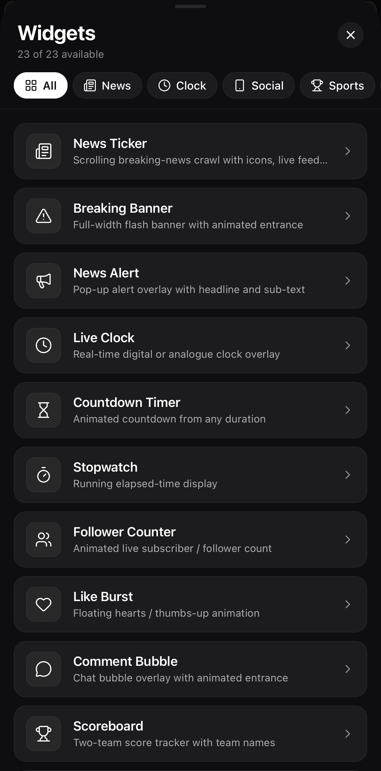 The ExpoCut widget catalog showing News Ticker, Breaking Banner, News Alert, Live Clock, Countdown, Stopwatch, Follower Counter and more