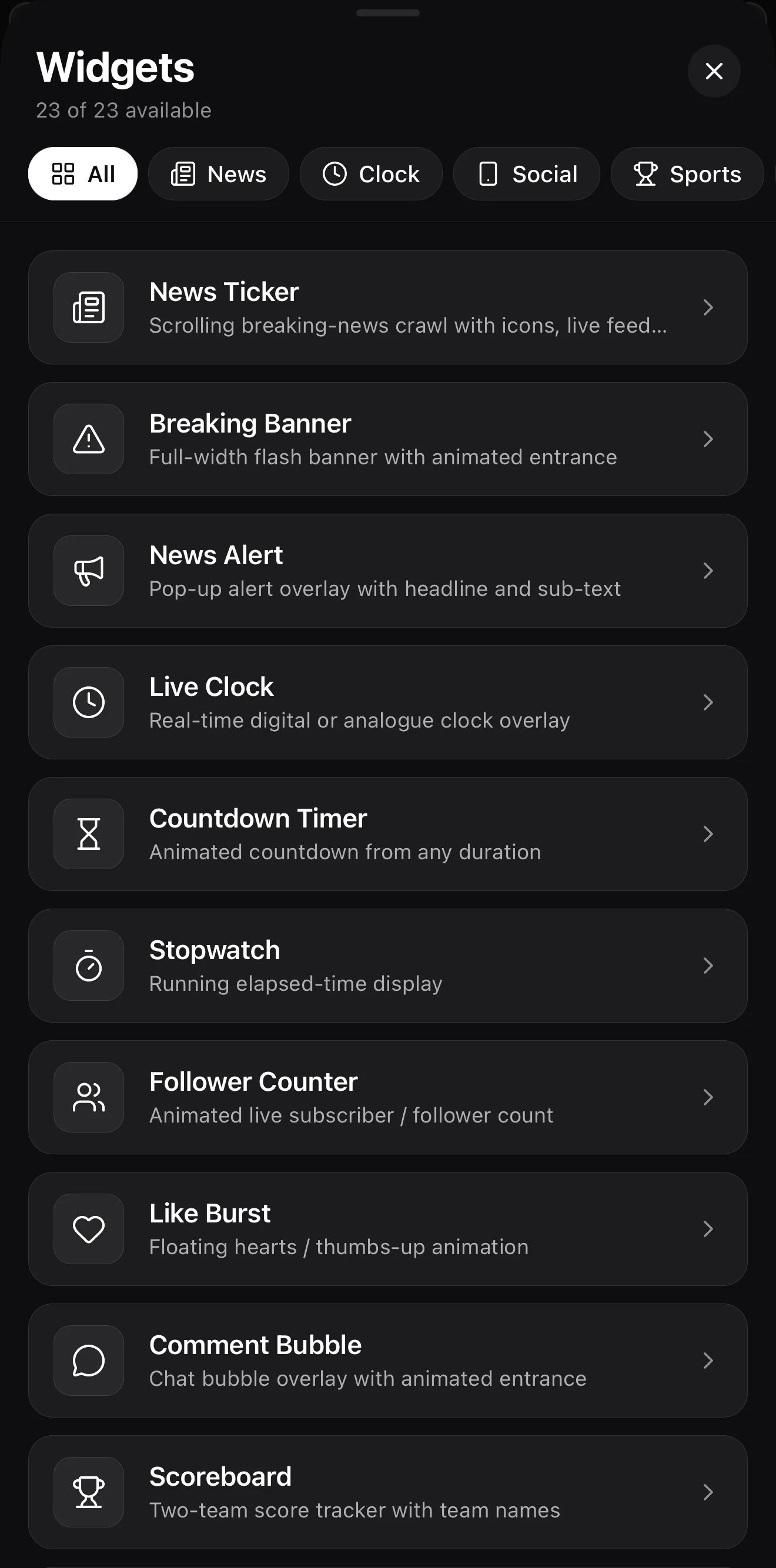 The ExpoCut widget catalog showing News Ticker, Breaking Banner, News Alert, Live Clock, Countdown, Stopwatch, Follower Counter and more