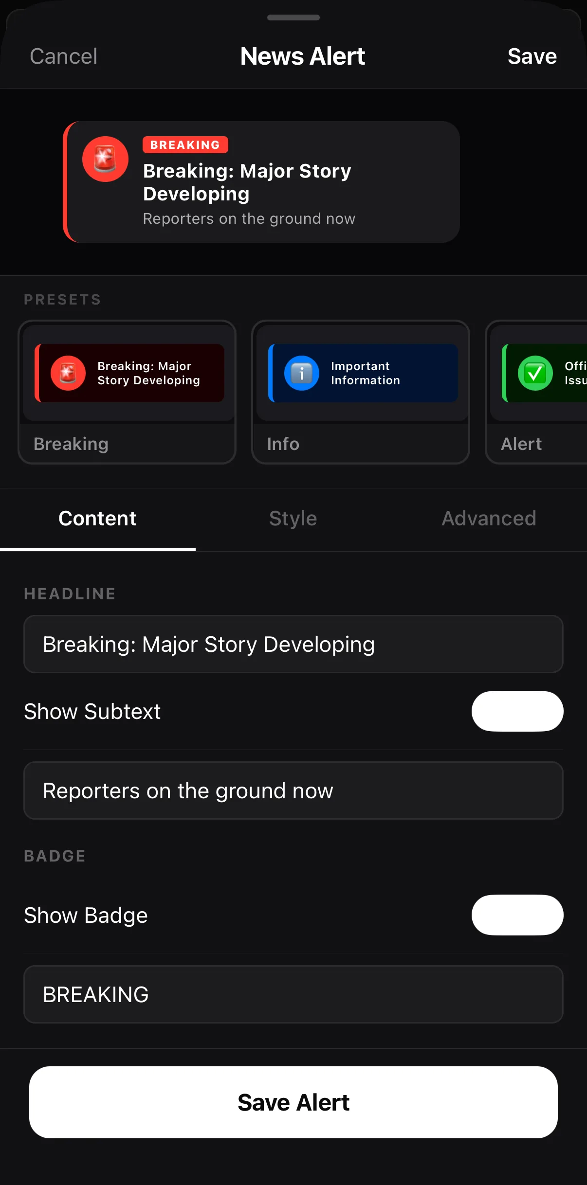 The News Alert editor: a live preview of a red BREAKING alert card, preset tiles Breaking, Info and Alert, tabs Content / Style / Advanced, a Headline field reading Breaking: Major Story Developing, Show Subtext and Show Badge switches, and a Save Alert button.
