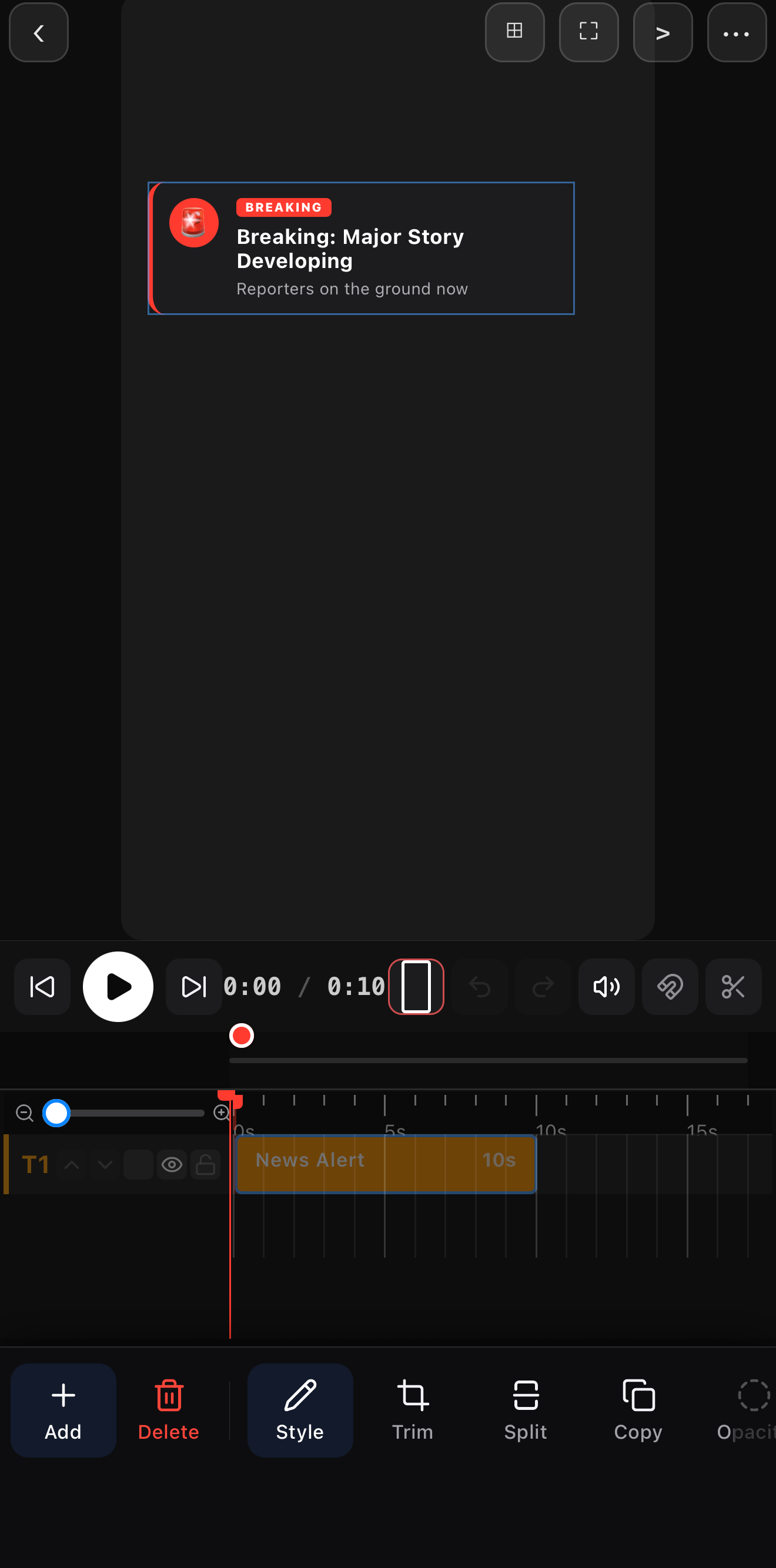 A News Alert widget on the canvas reading Breaking: Major Story Developing, selected with its layer handles