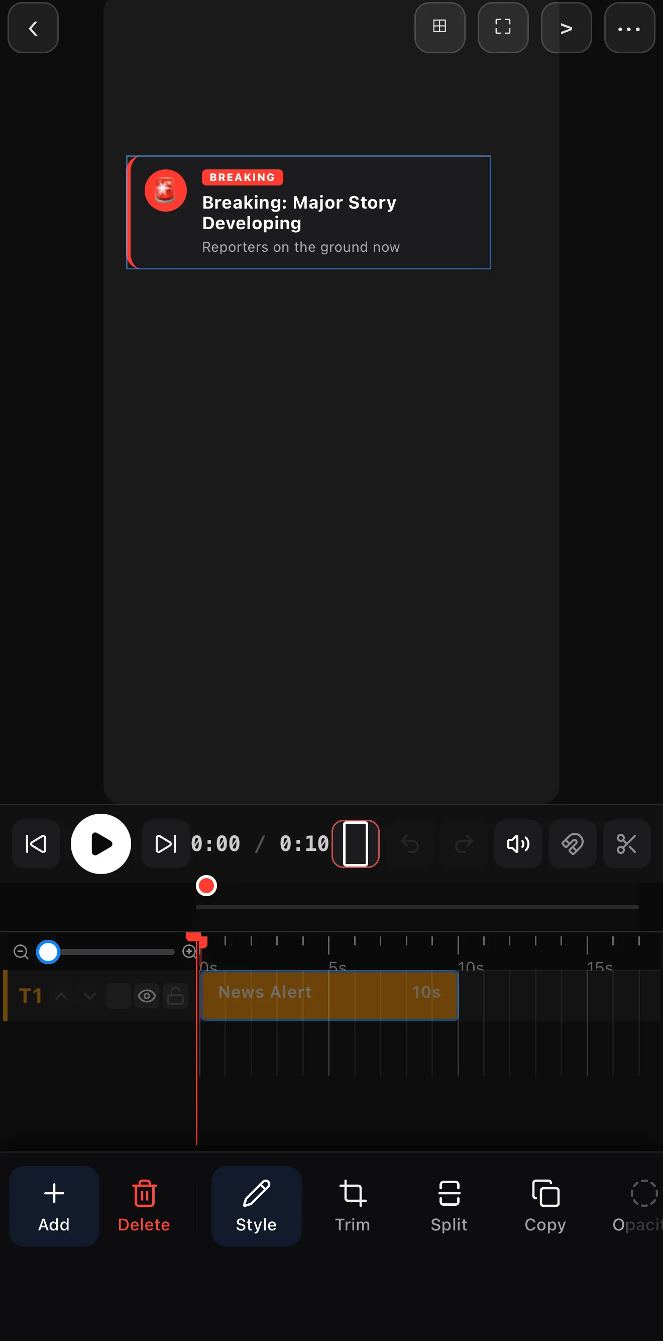 A News Alert widget on the canvas reading Breaking: Major Story Developing, selected with its layer handles